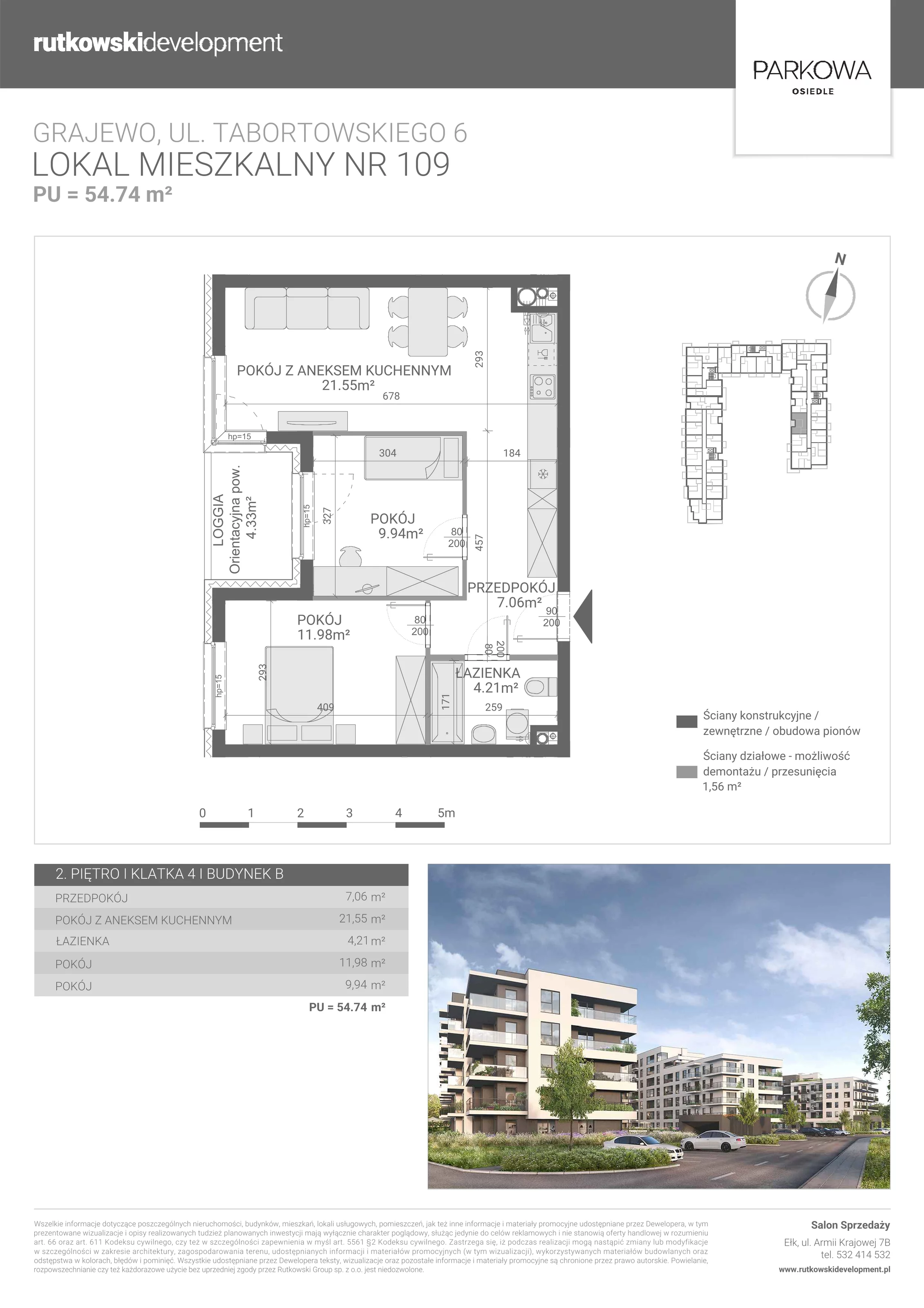 3 pokoje, mieszkanie 54,74 m², piętro 2, oferta nr M/109, Parkowa Osiedle, Grajewo, ul. mjr. Jana Tabortowskiego 6