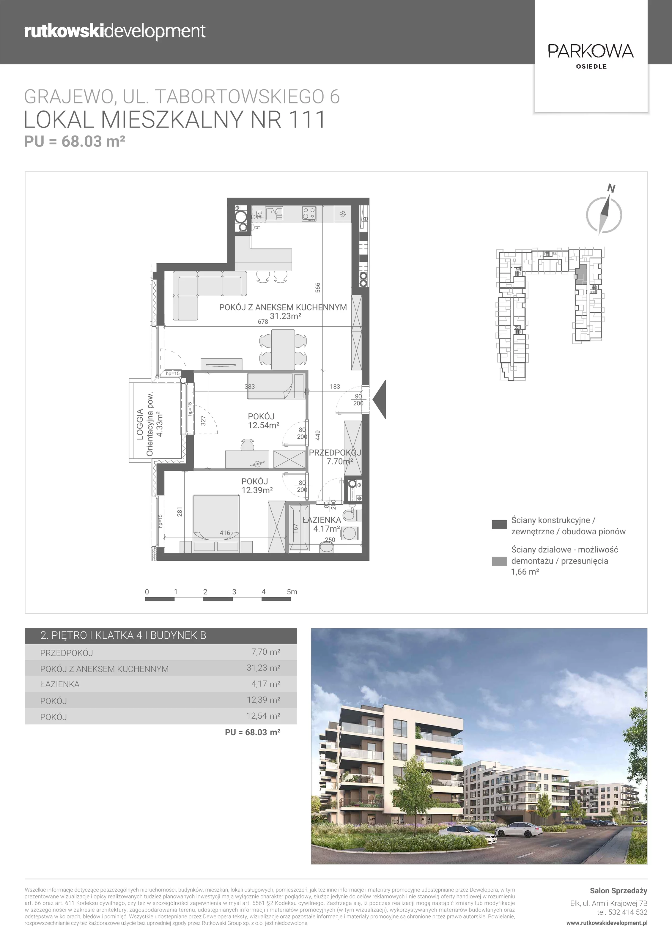3 pokoje, mieszkanie 68,03 m², piętro 2, oferta nr M/111, Parkowa Osiedle, Grajewo, ul. mjr. Jana Tabortowskiego 6