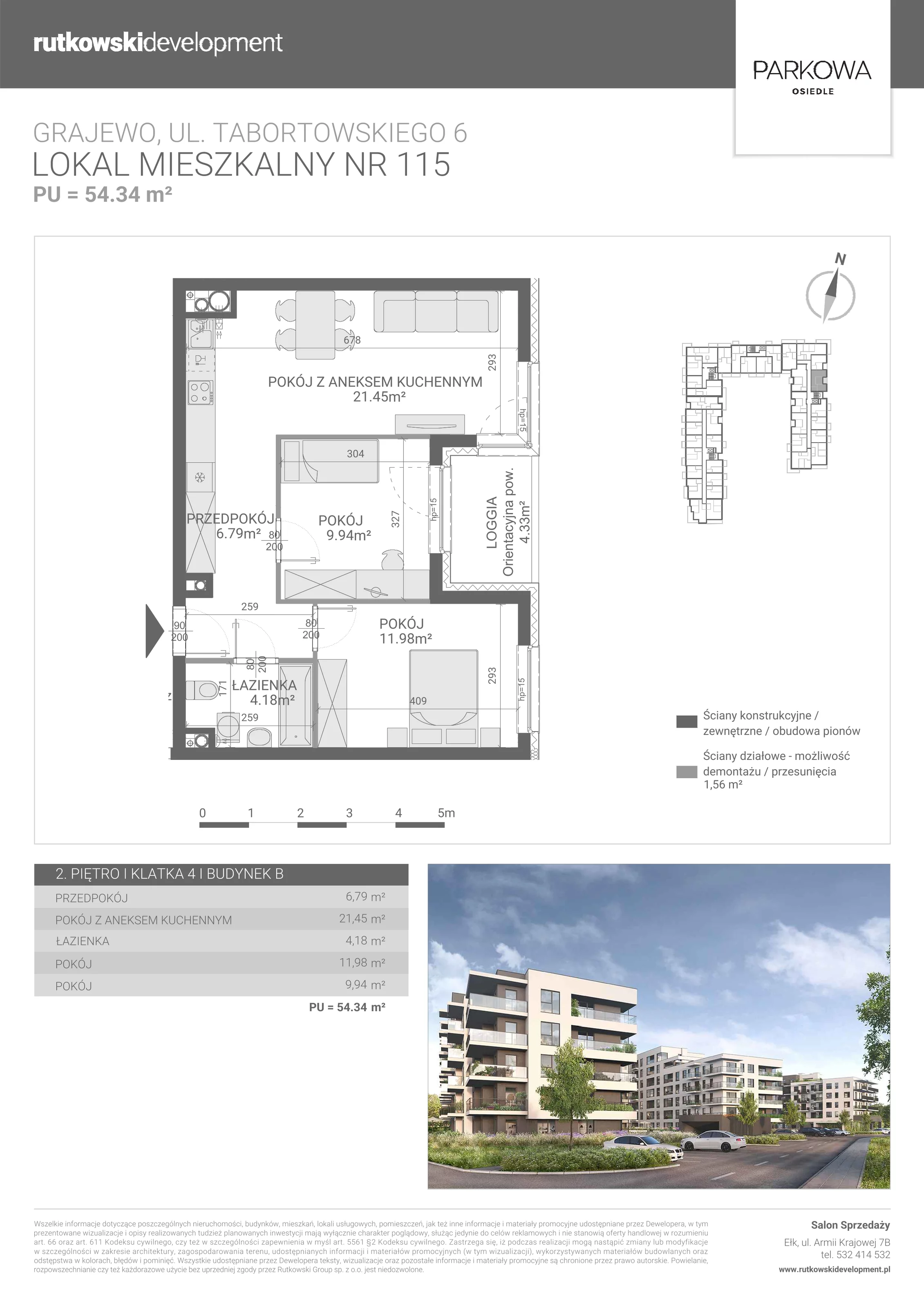 3 pokoje, mieszkanie 54,34 m², piętro 2, oferta nr M/115, Parkowa Osiedle, Grajewo, ul. mjr. Jana Tabortowskiego 6