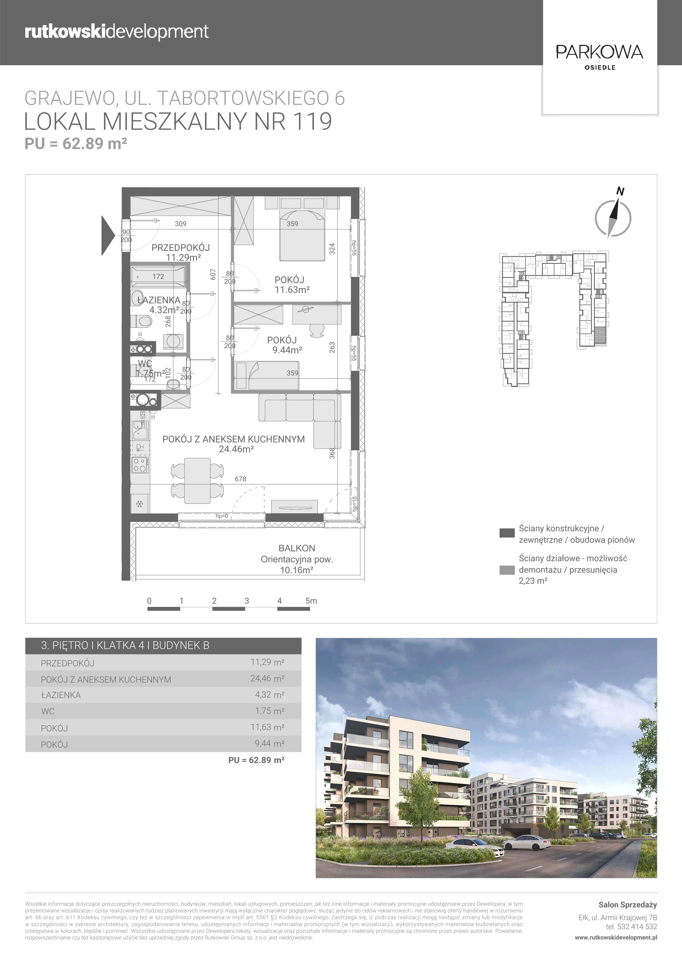 3 pokoje, mieszkanie 62,89 m², piętro 3, oferta nr M/119, Parkowa Osiedle, Grajewo, ul. mjr. Jana Tabortowskiego 6