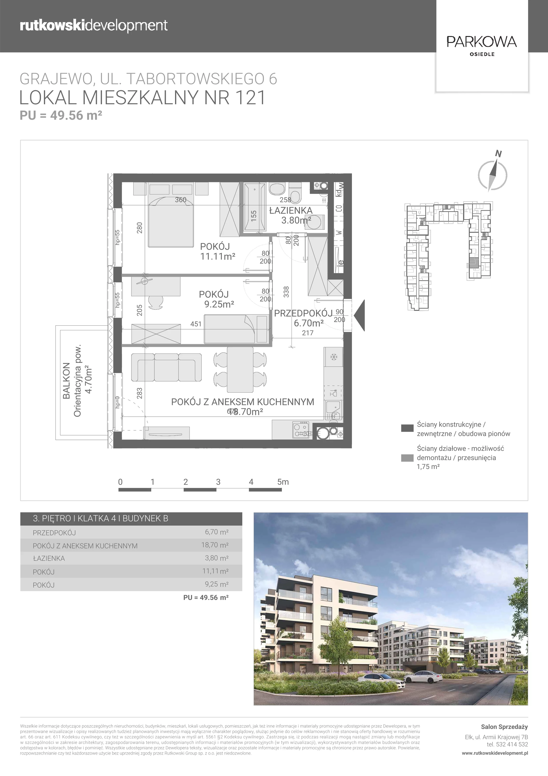 3 pokoje, mieszkanie 49,56 m², piętro 3, oferta nr M/121, Parkowa Osiedle, Grajewo, ul. mjr. Jana Tabortowskiego 6