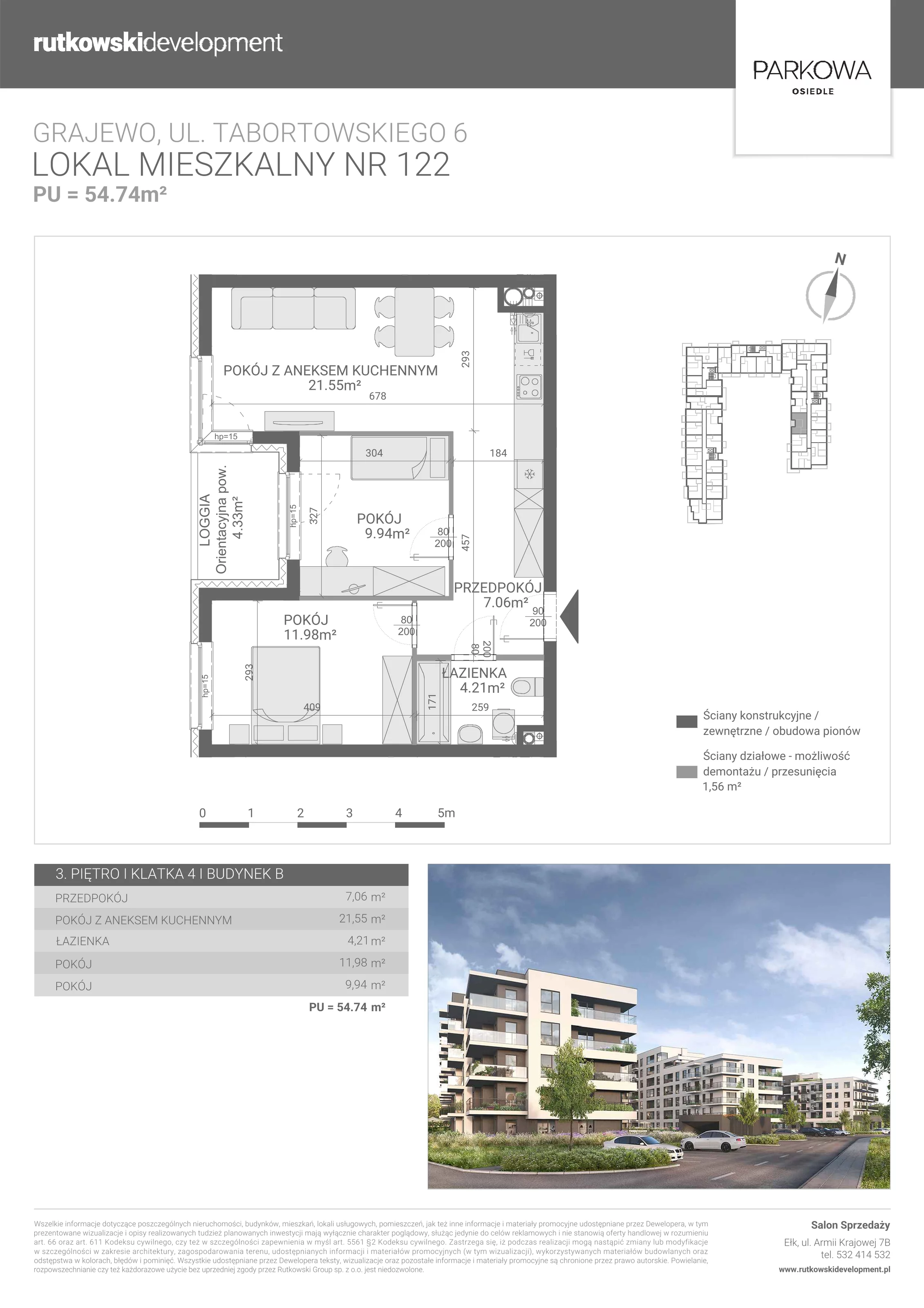 3 pokoje, mieszkanie 54,74 m², piętro 3, oferta nr M/122, Parkowa Osiedle, Grajewo, ul. mjr. Jana Tabortowskiego 6