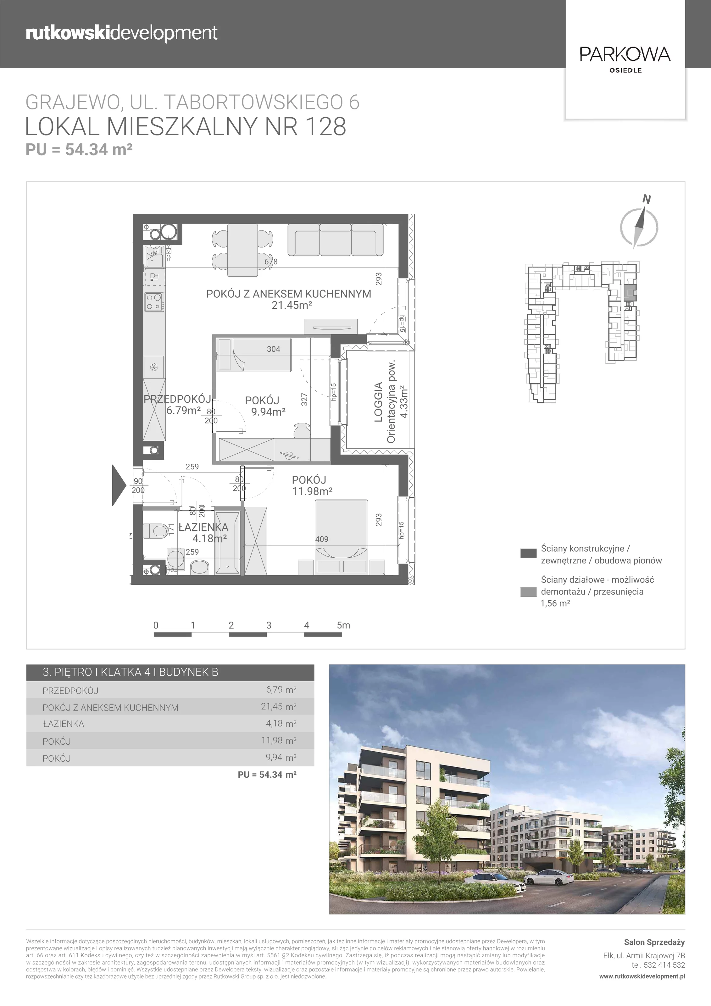 3 pokoje, mieszkanie 54,34 m², piętro 3, oferta nr M/128, Parkowa Osiedle, Grajewo, ul. mjr. Jana Tabortowskiego 6