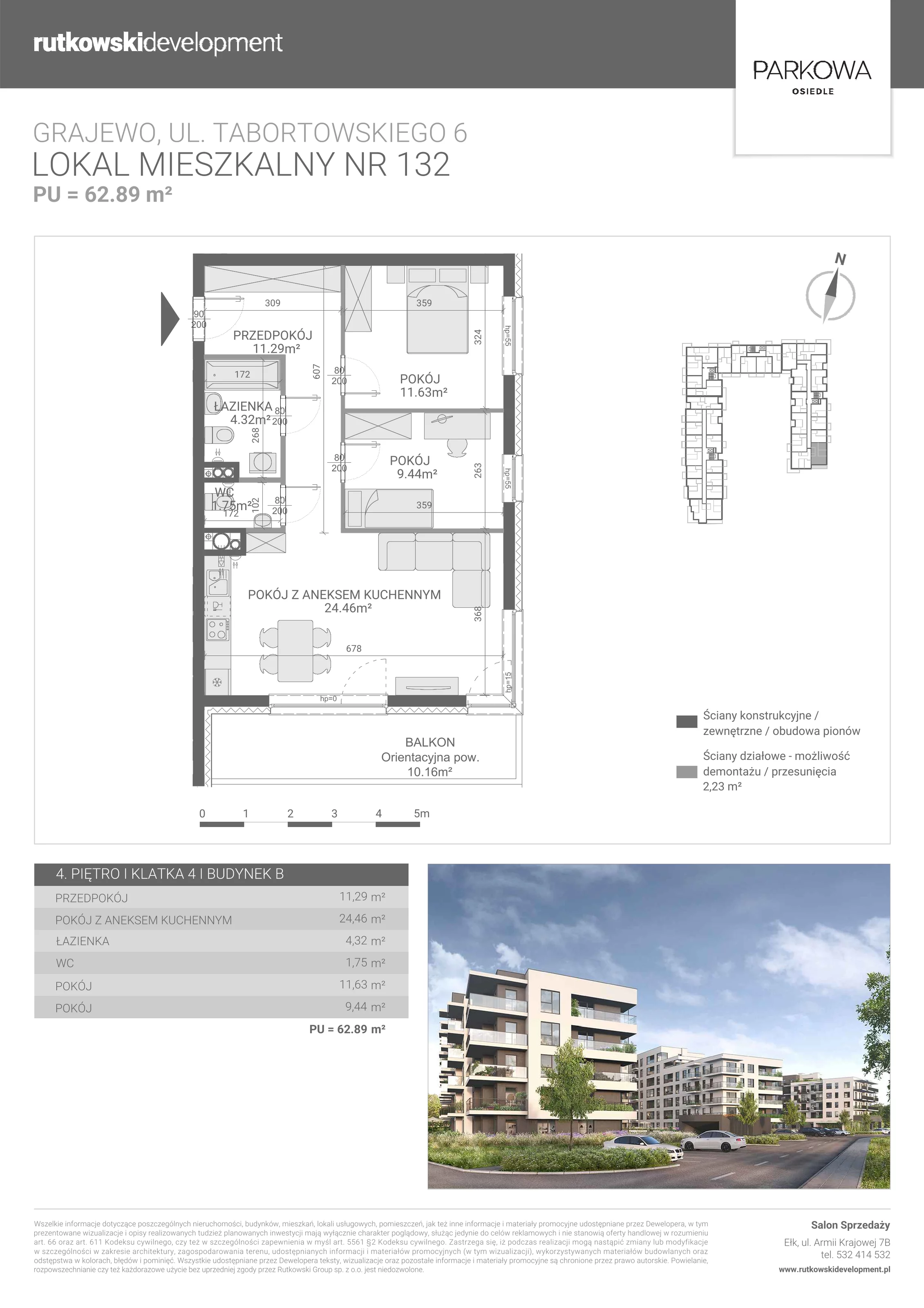 3 pokoje, mieszkanie 62,89 m², piętro 4, oferta nr M/132, Parkowa Osiedle, Grajewo, ul. mjr. Jana Tabortowskiego 6