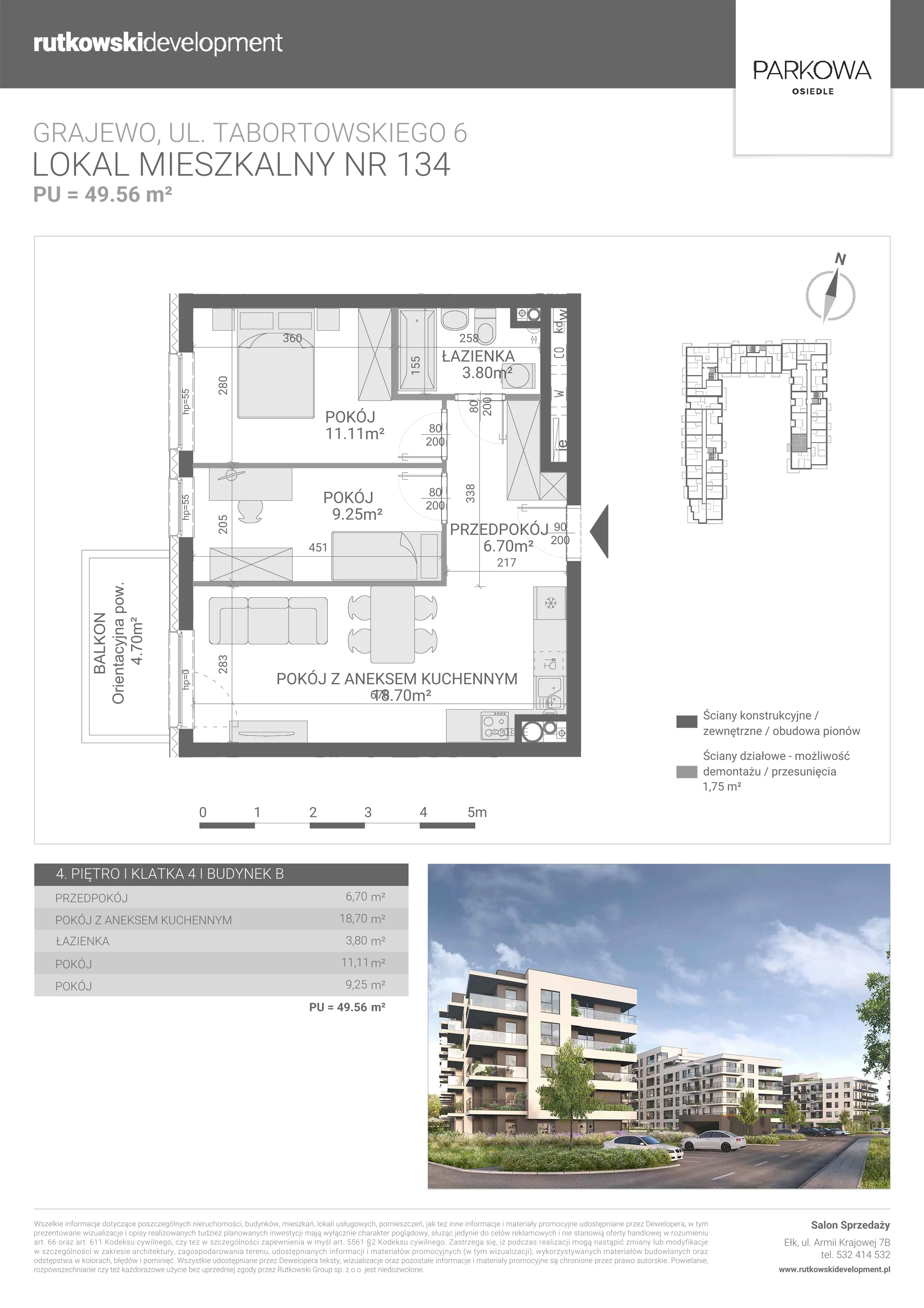 3 pokoje, mieszkanie 49,56 m², piętro 4, oferta nr M/134, Parkowa Osiedle, Grajewo, ul. mjr. Jana Tabortowskiego 6