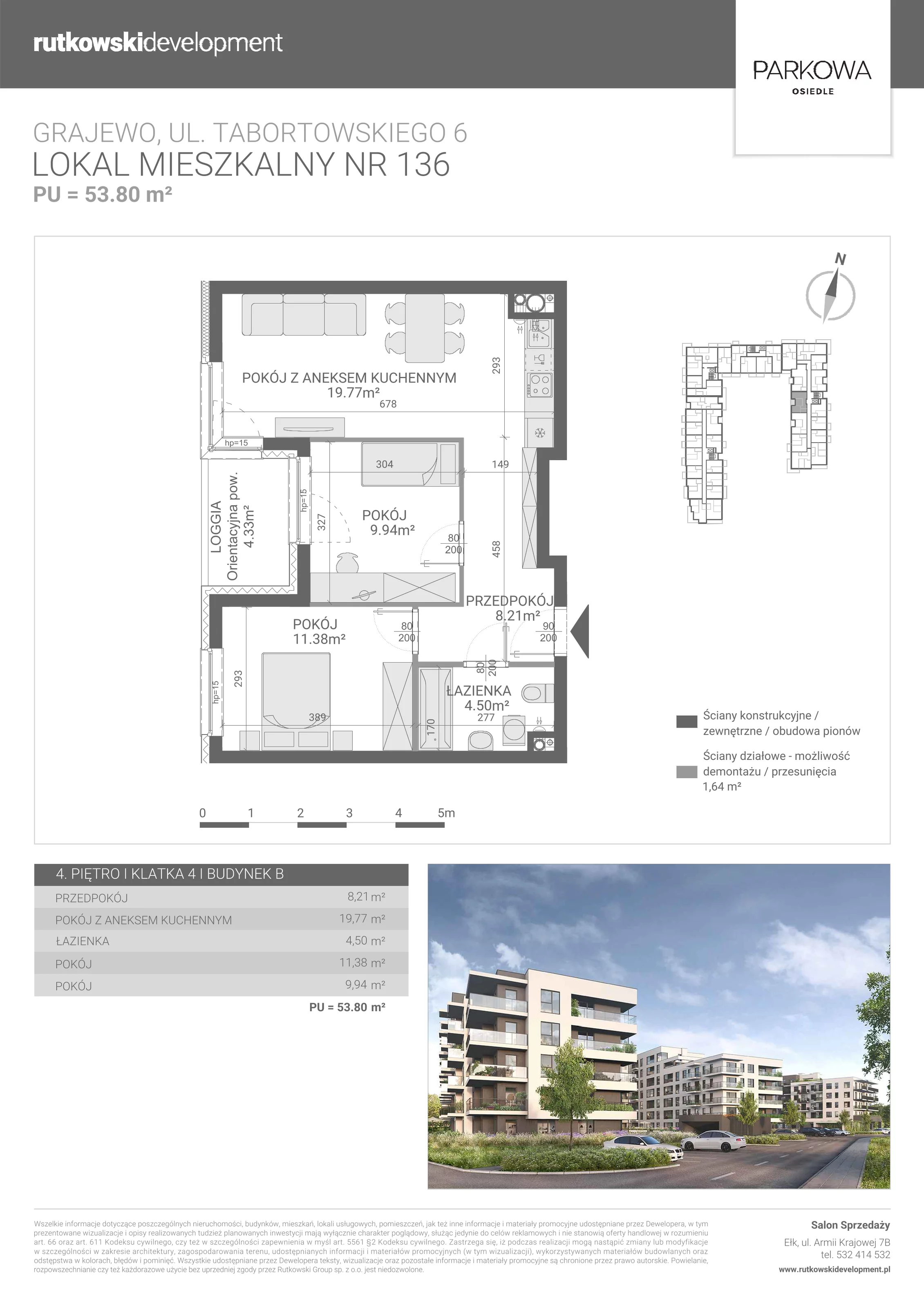 3 pokoje, mieszkanie 53,80 m², piętro 4, oferta nr M/136, Parkowa Osiedle, Grajewo, ul. mjr. Jana Tabortowskiego 6