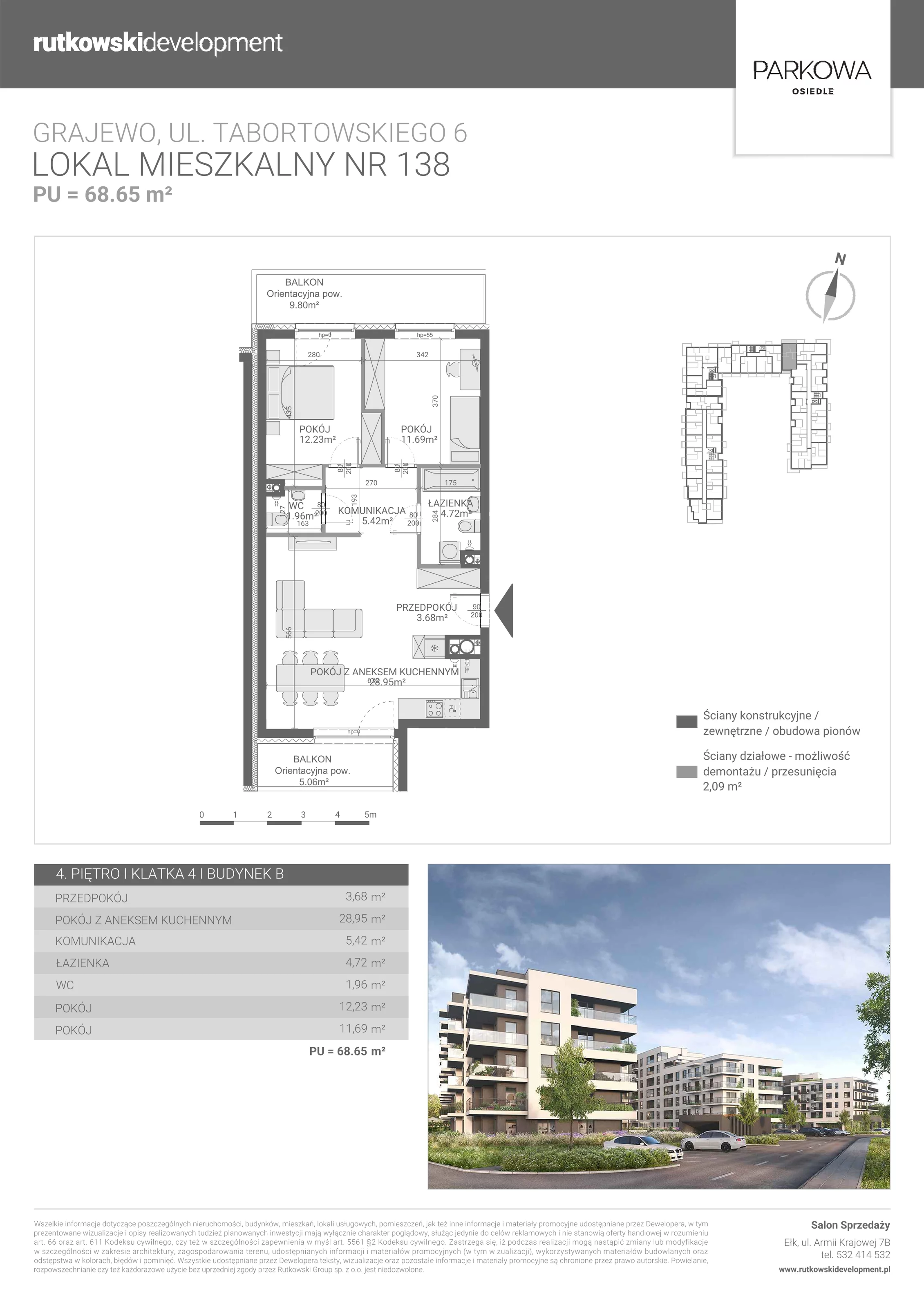 3 pokoje, mieszkanie 68,65 m², piętro 4, oferta nr M/138, Parkowa Osiedle, Grajewo, ul. mjr. Jana Tabortowskiego 6