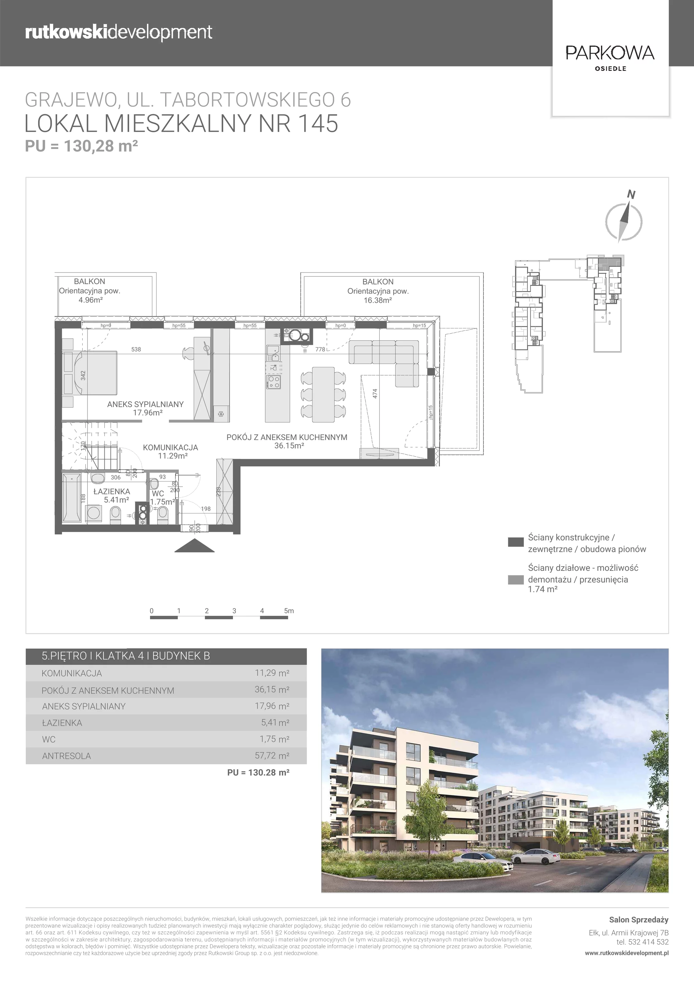 1 pokój, mieszkanie 130,28 m², piętro 5, oferta nr M/145, Parkowa Osiedle, Grajewo, ul. mjr. Jana Tabortowskiego 6