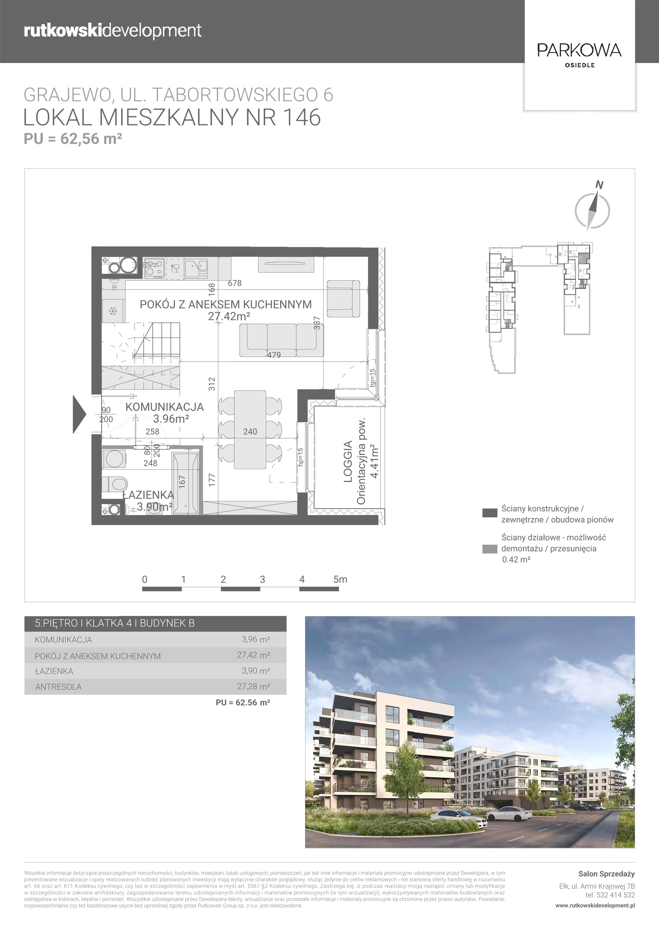 1 pokój, mieszkanie 62,56 m², piętro 5, oferta nr M/146, Parkowa Osiedle, Grajewo, ul. mjr. Jana Tabortowskiego 6