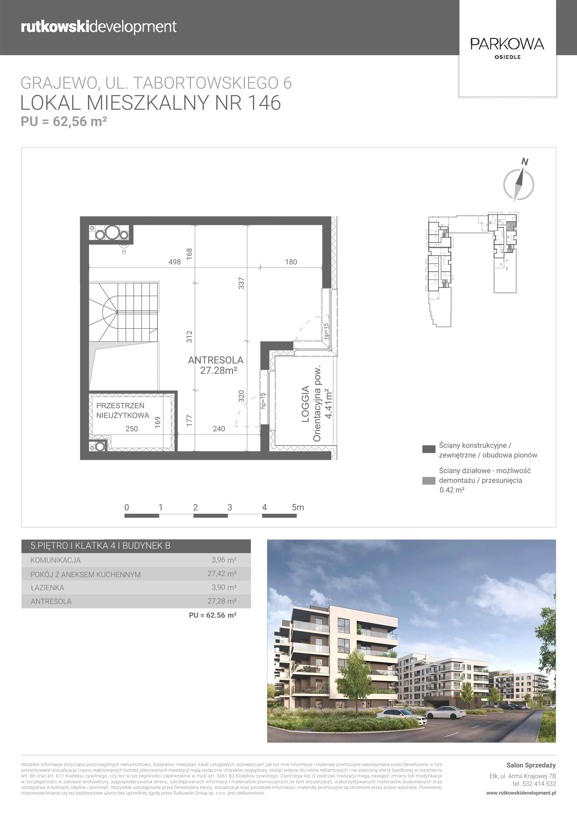 1 pokój, mieszkanie 62,56 m², piętro 5, oferta nr M/146, Parkowa Osiedle, Grajewo, ul. mjr. Jana Tabortowskiego 6