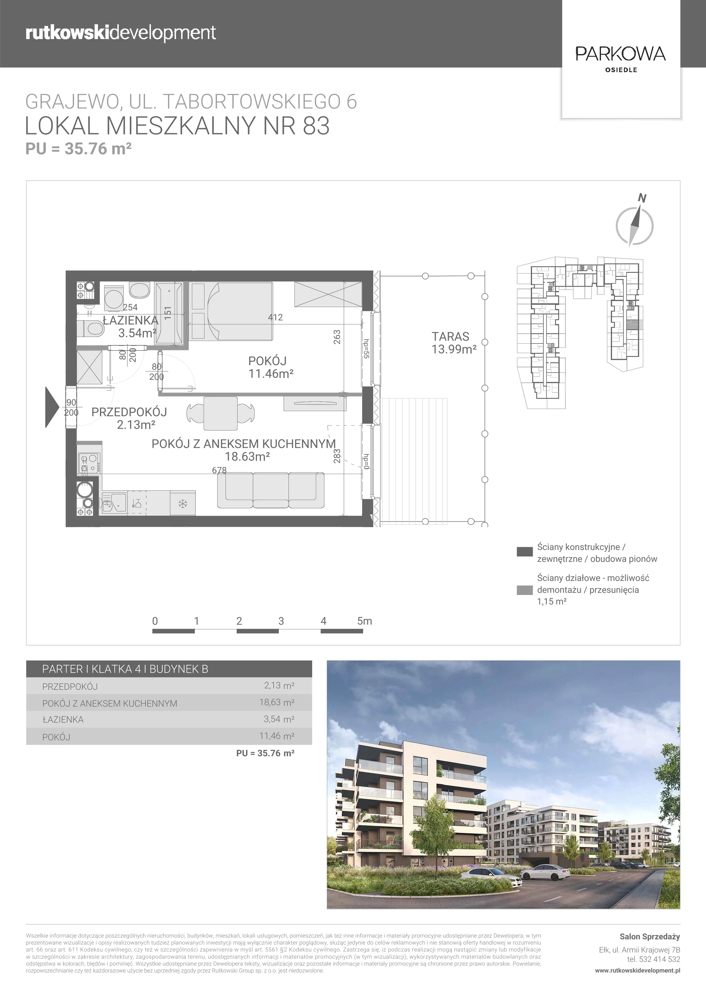2 pokoje, mieszkanie 35,76 m², parter, oferta nr M/83, Parkowa Osiedle, Grajewo, ul. mjr. Jana Tabortowskiego 6