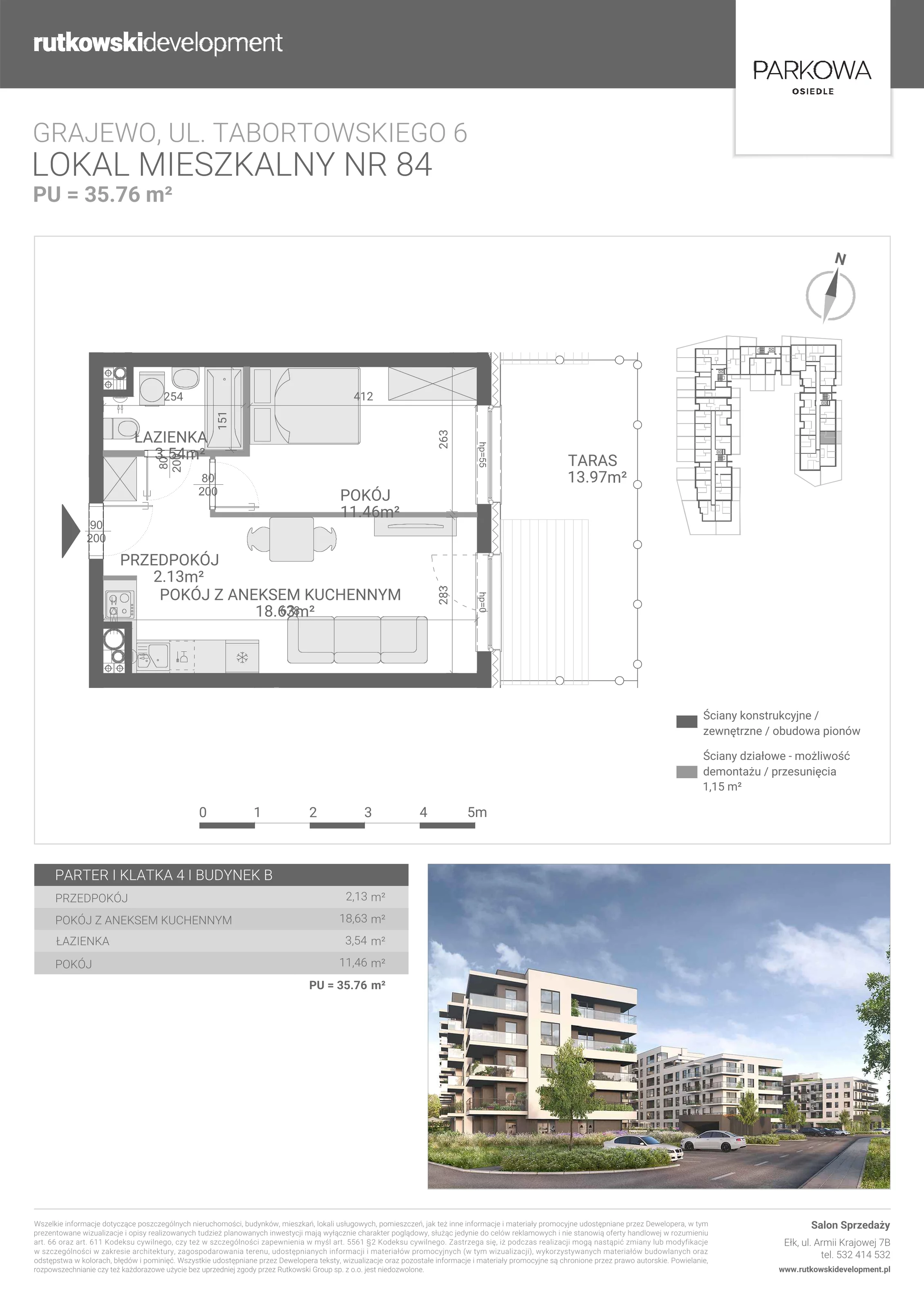 2 pokoje, mieszkanie 35,76 m², parter, oferta nr M/84, Parkowa Osiedle, Grajewo, ul. mjr. Jana Tabortowskiego 6