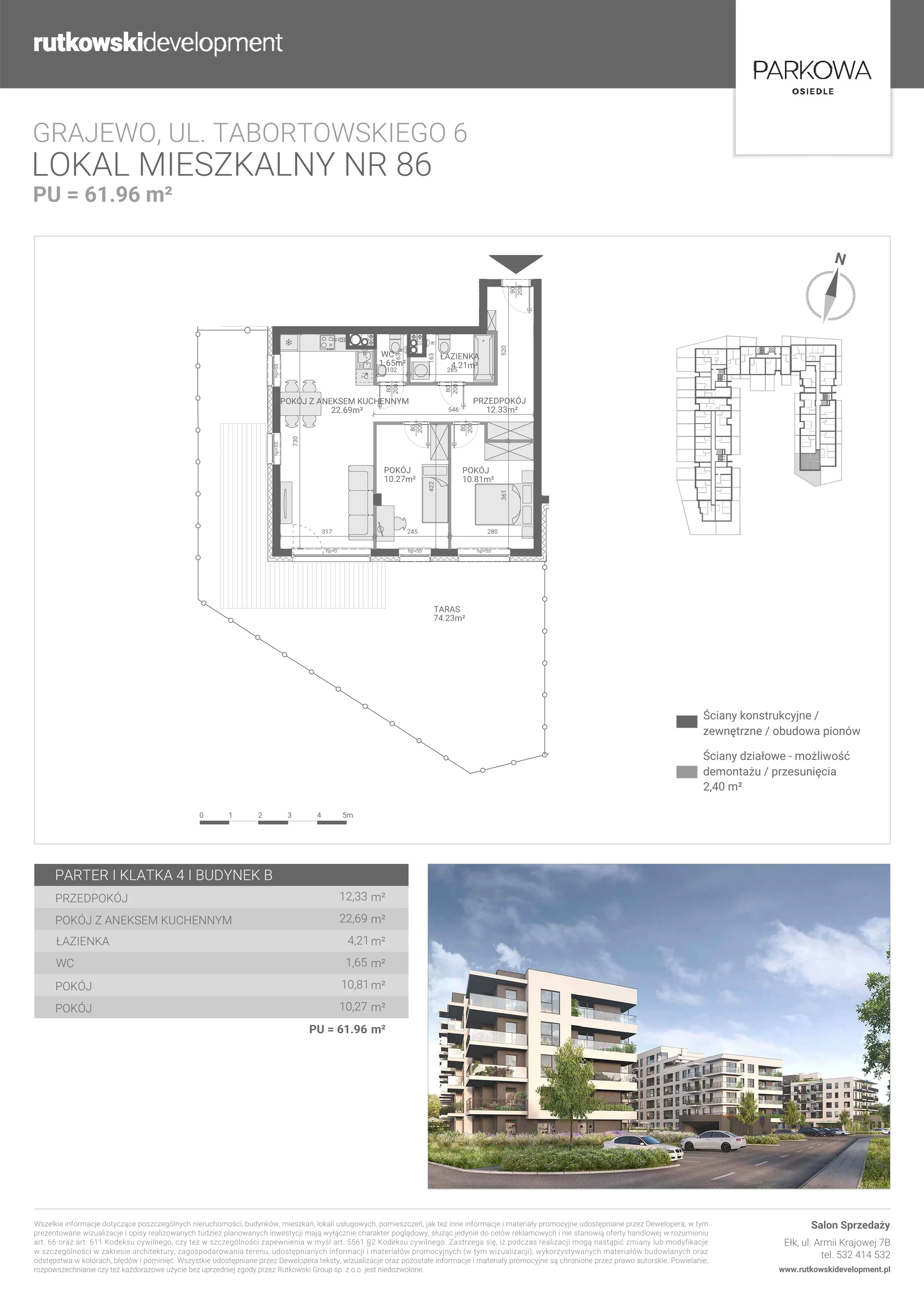 3 pokoje, mieszkanie 61,96 m², parter, oferta nr M/86, Parkowa Osiedle, Grajewo, ul. mjr. Jana Tabortowskiego 6