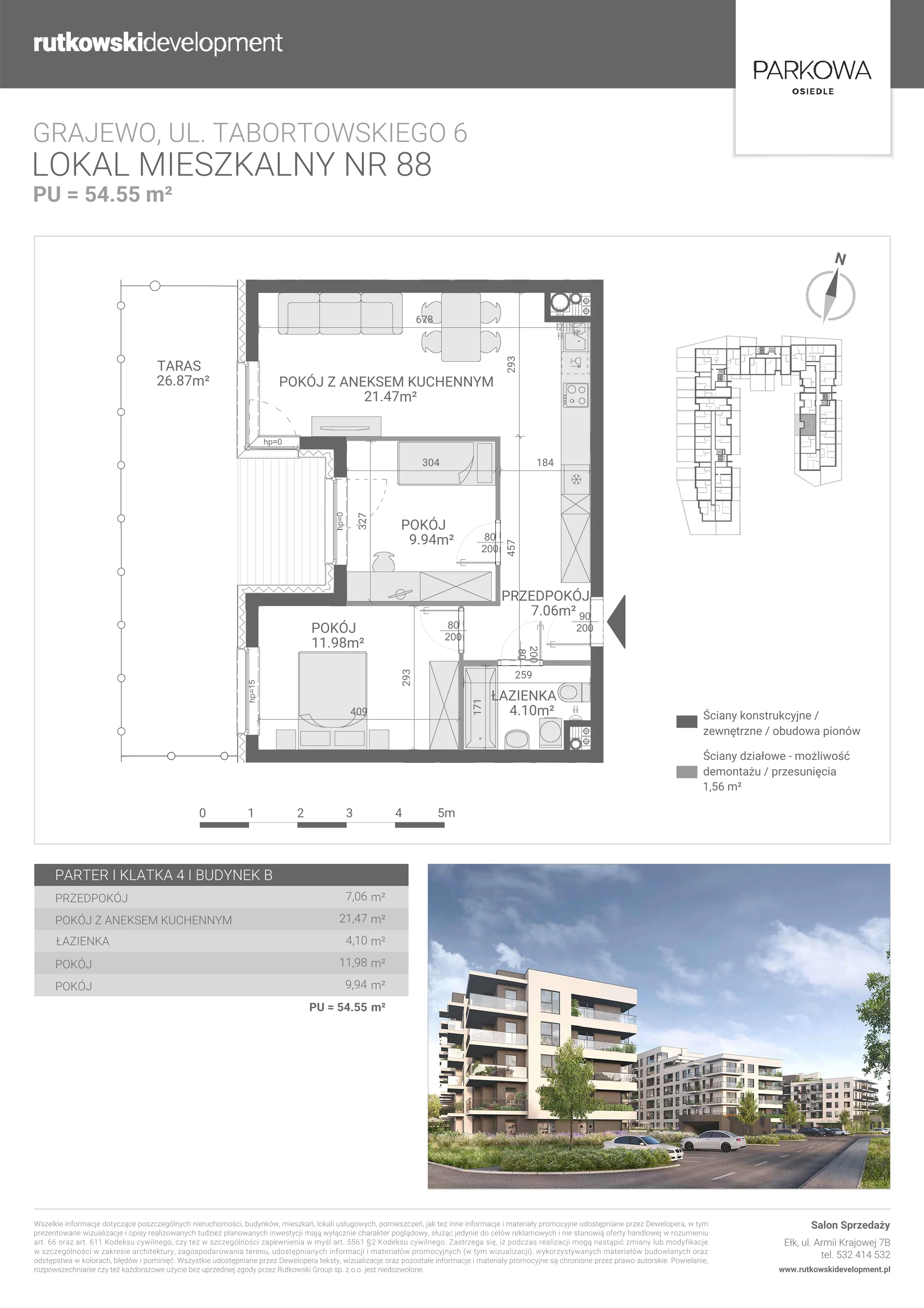 3 pokoje, mieszkanie 54,55 m², parter, oferta nr M/88, Parkowa Osiedle, Grajewo, ul. mjr. Jana Tabortowskiego 6