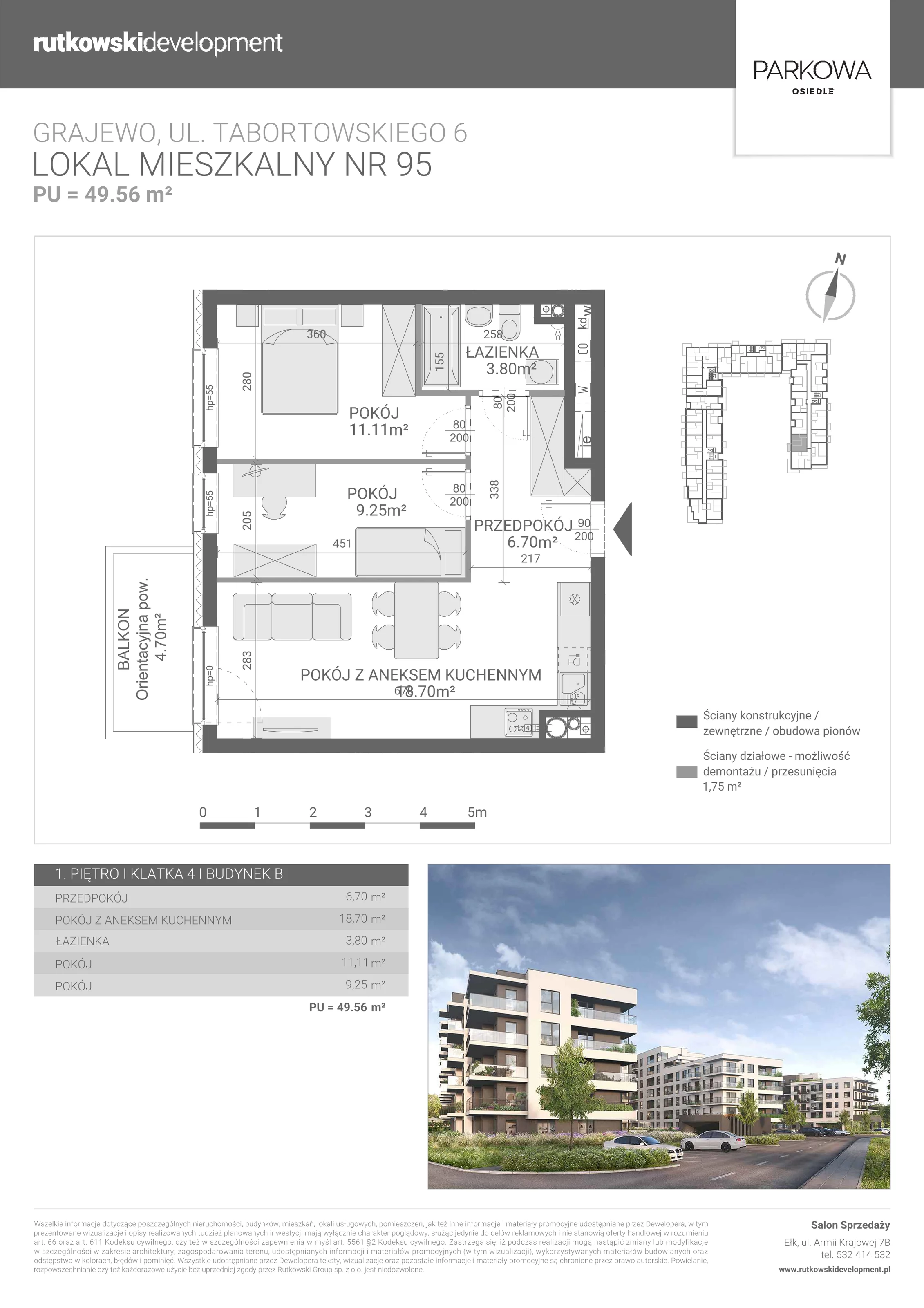3 pokoje, mieszkanie 49,56 m², piętro 1, oferta nr M/95, Parkowa Osiedle, Grajewo, ul. mjr. Jana Tabortowskiego 6