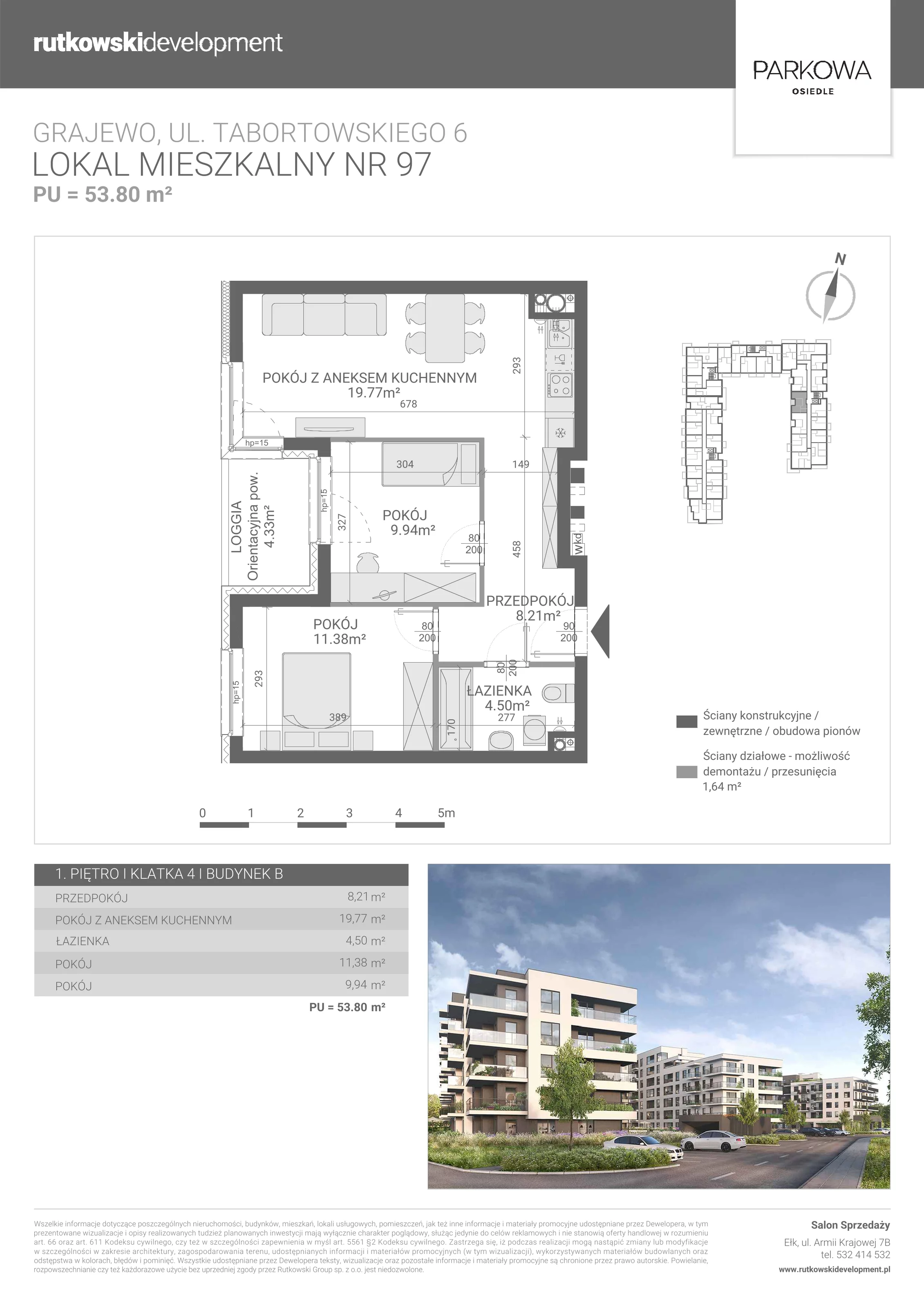 3 pokoje, mieszkanie 53,80 m², piętro 1, oferta nr M/97, Parkowa Osiedle, Grajewo, ul. mjr. Jana Tabortowskiego 6