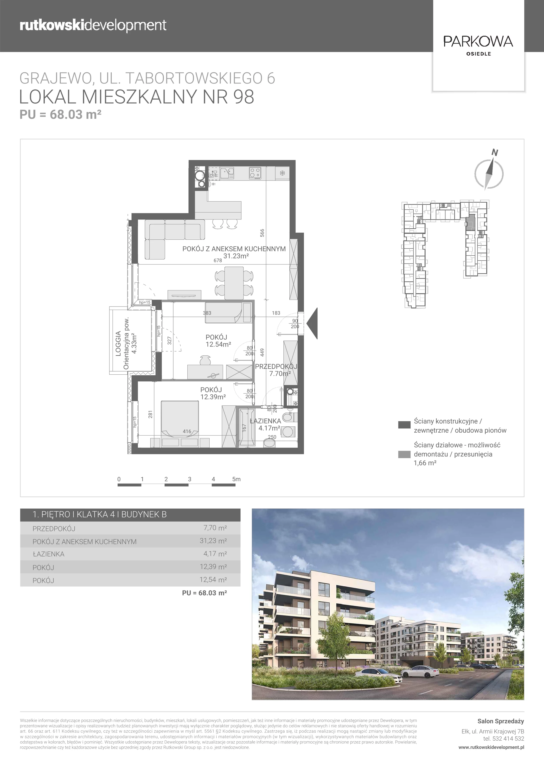 3 pokoje, mieszkanie 68,03 m², piętro 1, oferta nr M/98, Parkowa Osiedle, Grajewo, ul. mjr. Jana Tabortowskiego 6