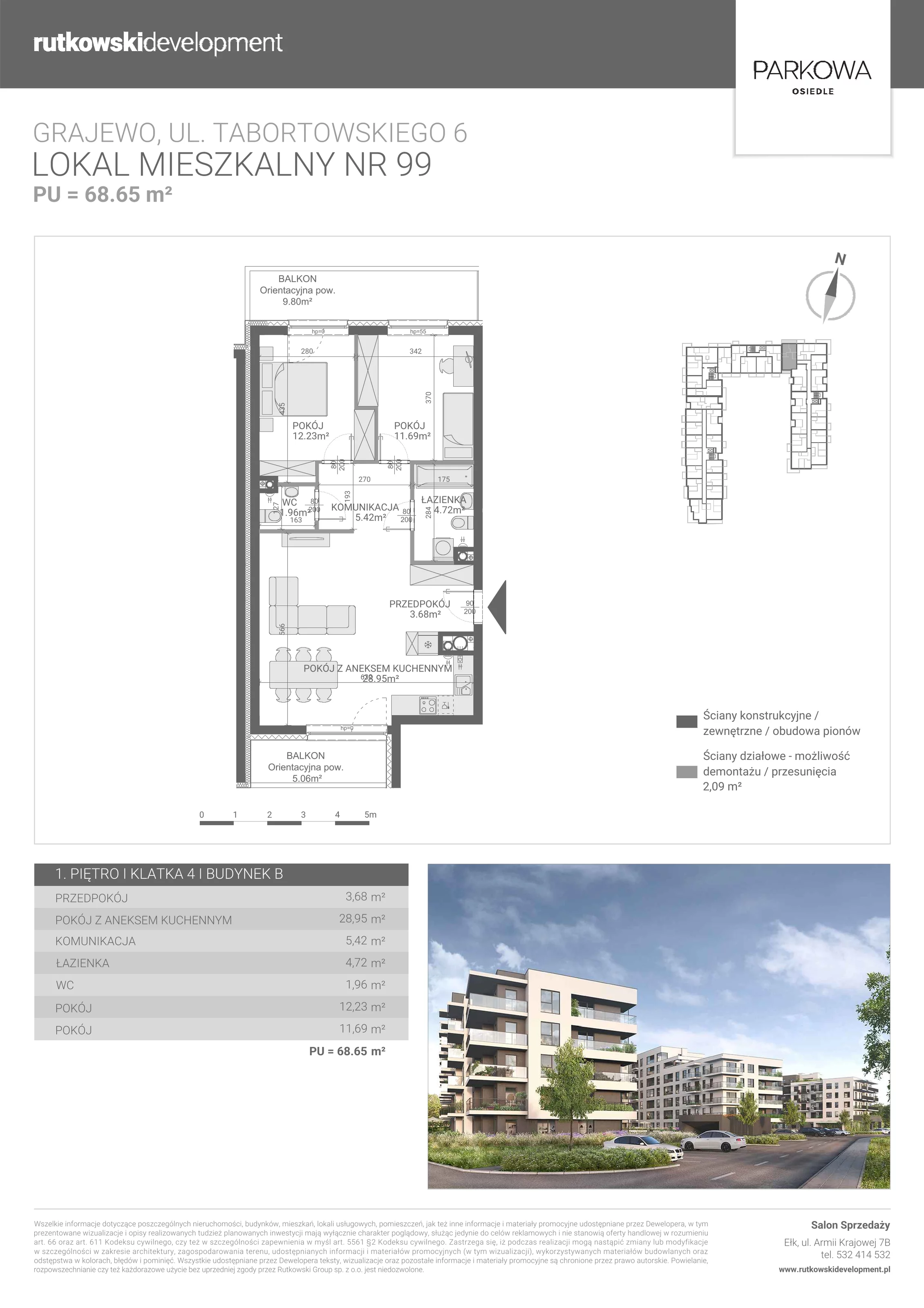 3 pokoje, mieszkanie 68,65 m², piętro 1, oferta nr M/99, Parkowa Osiedle, Grajewo, ul. mjr. Jana Tabortowskiego 6