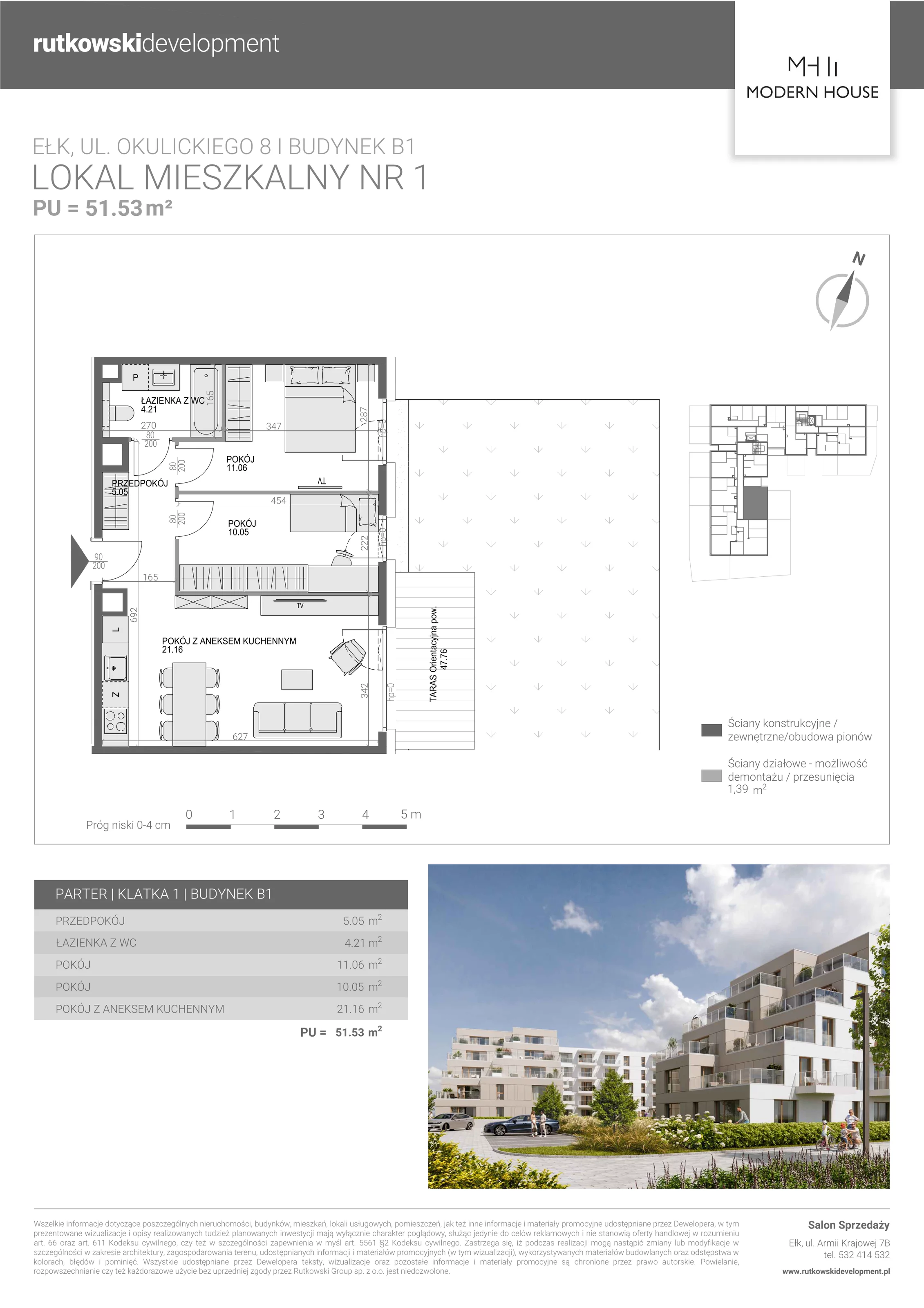 3 pokoje, mieszkanie 51,59 m², parter, oferta nr M-1, Modern House 2, Ełk, Konieczki, ul. Gen. Leopolda Okulickiego 8