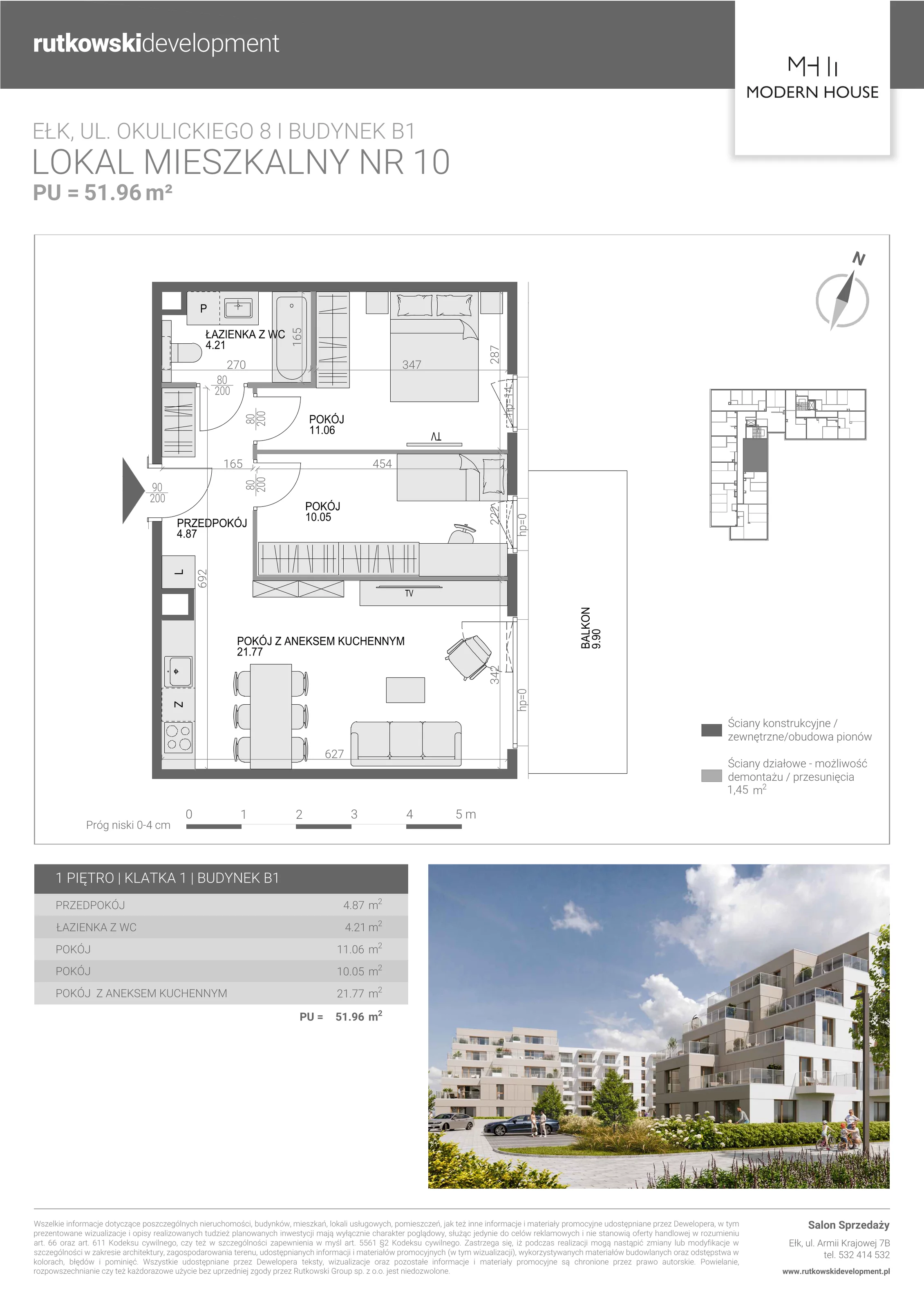 3 pokoje, mieszkanie 51,62 m², piętro 1, oferta nr M-10, Modern House 2, Ełk, Konieczki, ul. Gen. Leopolda Okulickiego 8