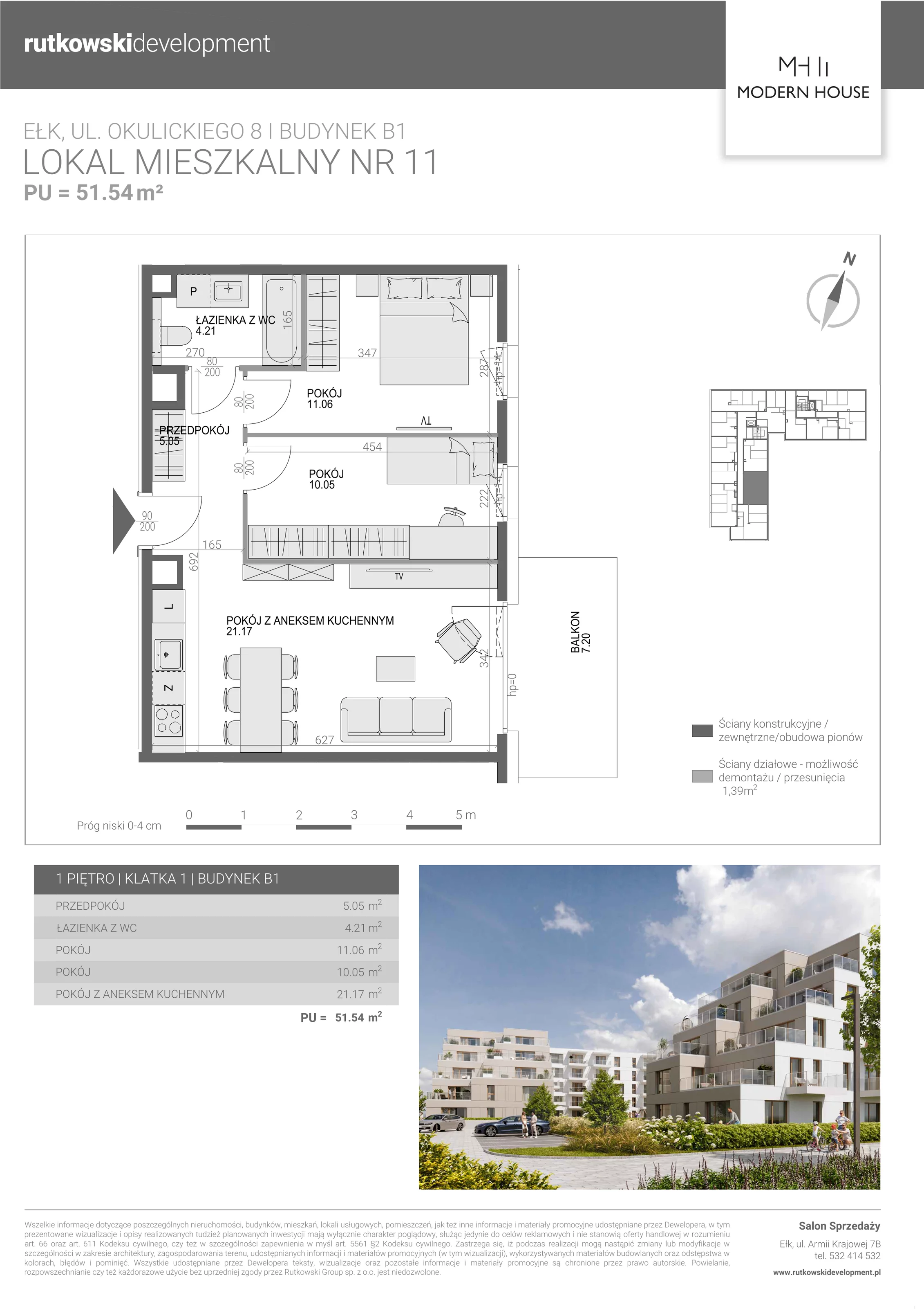 3 pokoje, mieszkanie 51,59 m², piętro 1, oferta nr M-11, Modern House 2, Ełk, Konieczki, ul. Gen. Leopolda Okulickiego 8