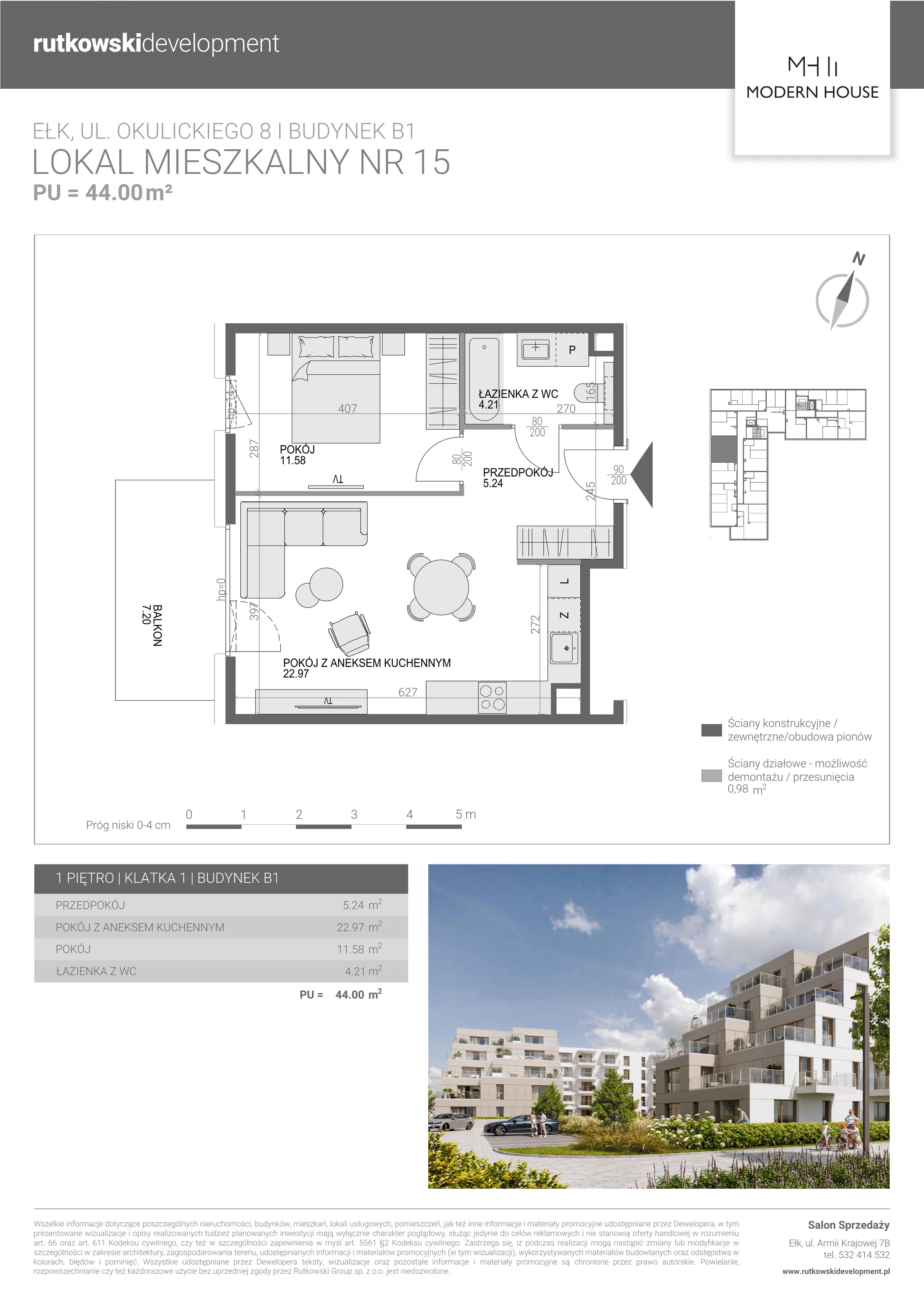 2 pokoje, mieszkanie 43,84 m², piętro 1, oferta nr M-15, Modern House 2, Ełk, Konieczki, ul. Gen. Leopolda Okulickiego 8