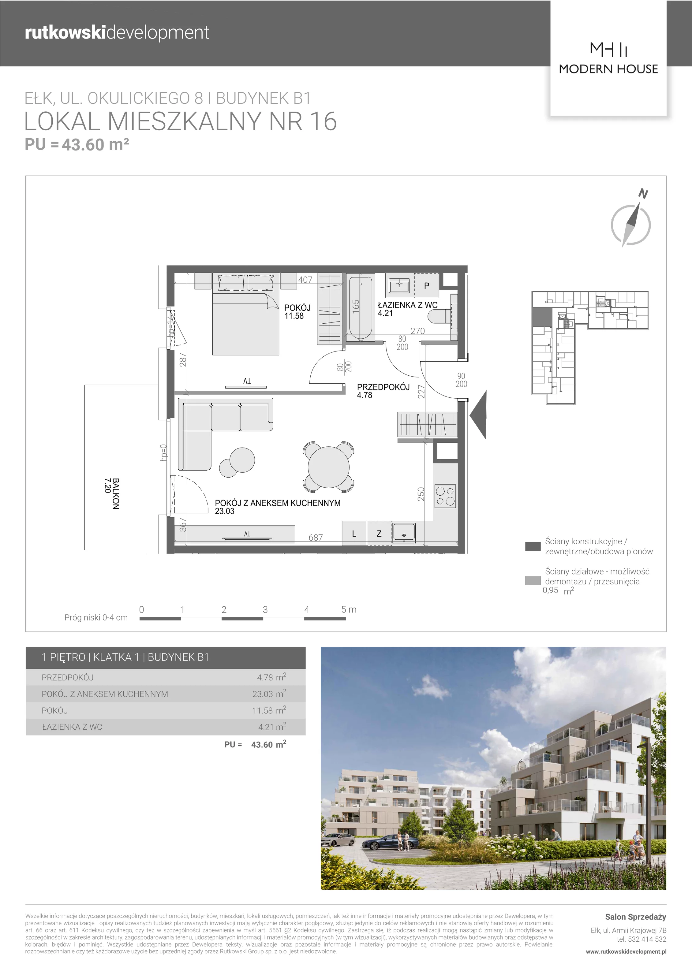 2 pokoje, mieszkanie 43,43 m², piętro 1, oferta nr M-16, Modern House 2, Ełk, Konieczki, ul. Gen. Leopolda Okulickiego 8