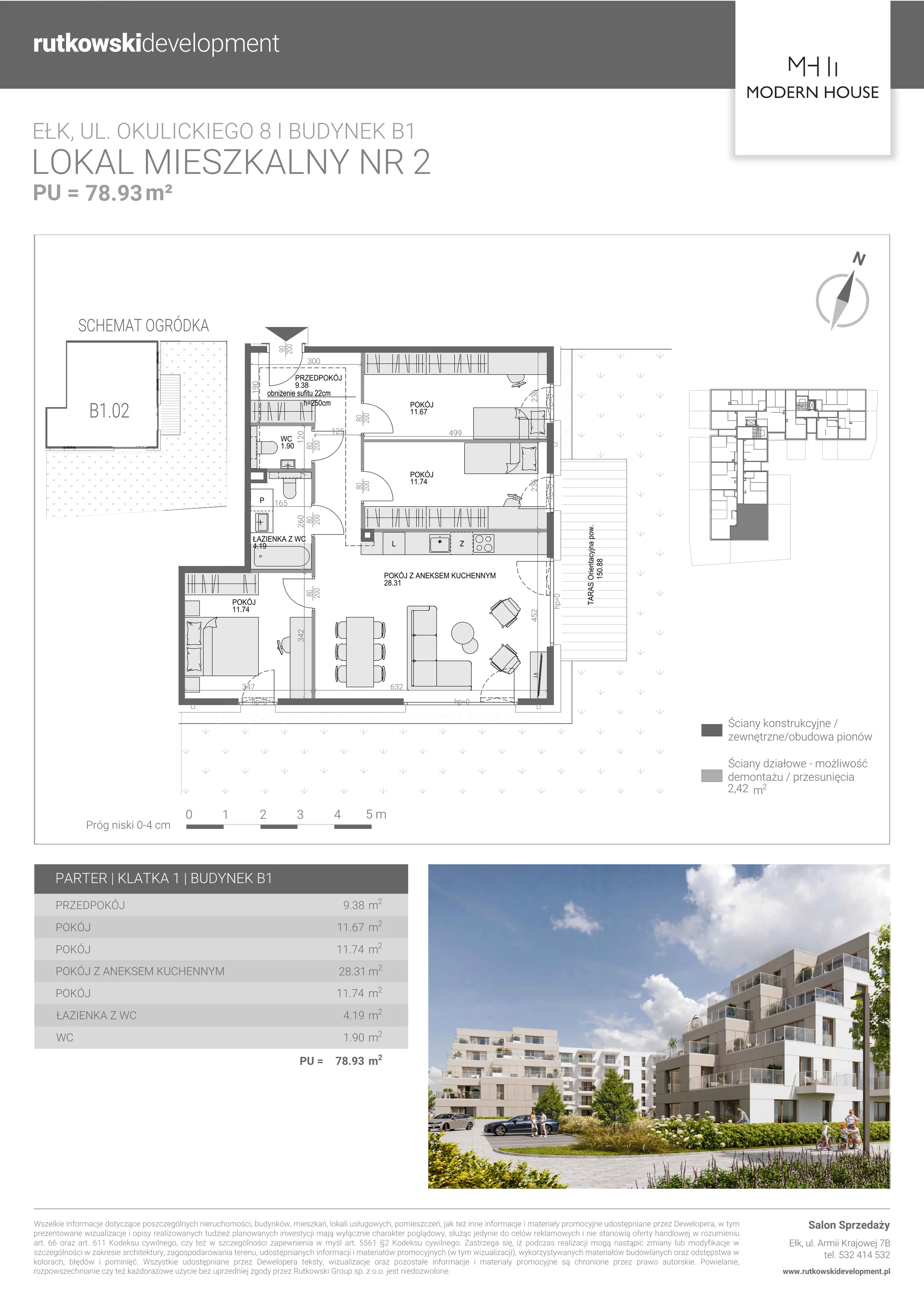 4 pokoje, mieszkanie 78,49 m², parter, oferta nr M-2, Modern House 2, Ełk, Konieczki, ul. Gen. Leopolda Okulickiego 8