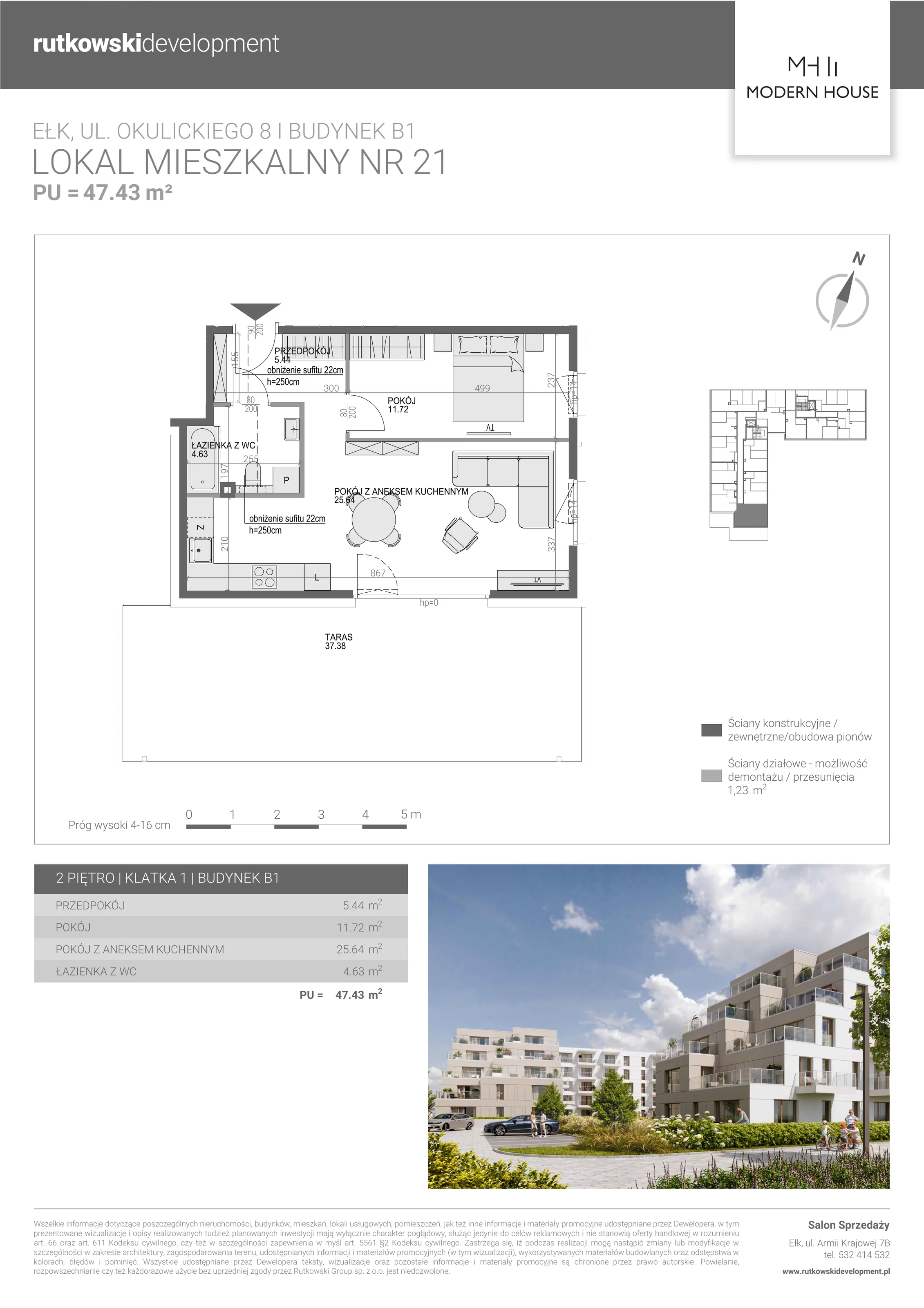2 pokoje, mieszkanie 46,95 m², piętro 2, oferta nr M-21, Modern House 2, Ełk, Konieczki, ul. Gen. Leopolda Okulickiego 8