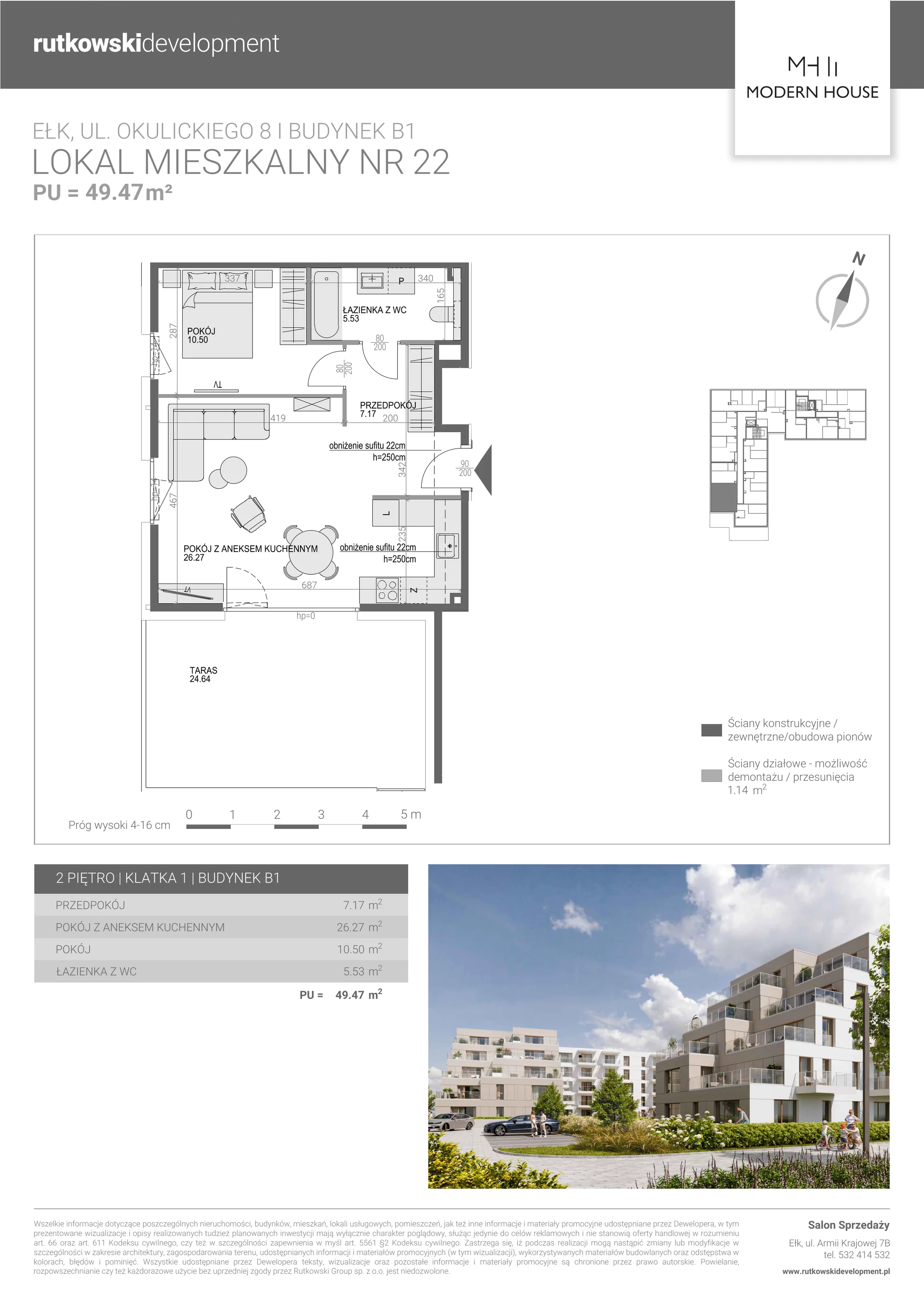 2 pokoje, mieszkanie 49,01 m², piętro 2, oferta nr M-22, Modern House 2, Ełk, Konieczki, ul. Gen. Leopolda Okulickiego 8