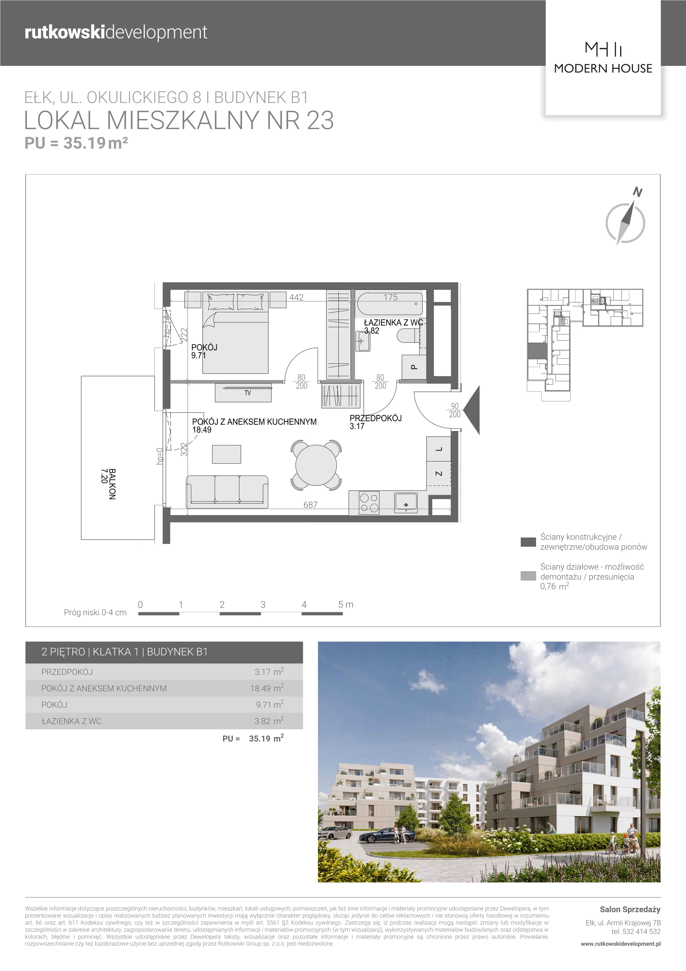 2 pokoje, mieszkanie 35,02 m², piętro 2, oferta nr M-23, Modern House 2, Ełk, Konieczki, ul. Gen. Leopolda Okulickiego 8
