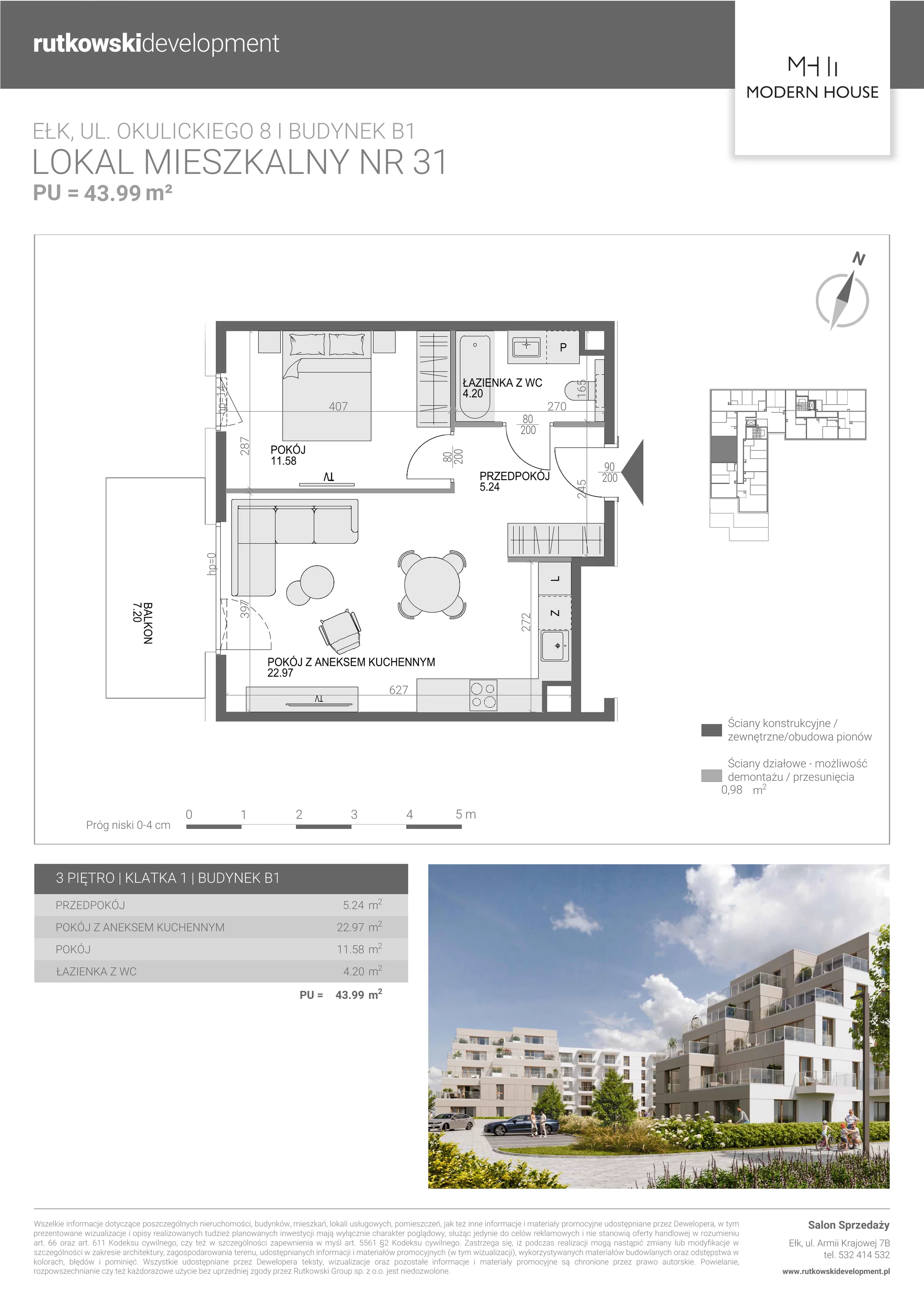 2 pokoje, mieszkanie 43,84 m², piętro 3, oferta nr M-31, Modern House 2, Ełk, Konieczki, ul. Gen. Leopolda Okulickiego 8