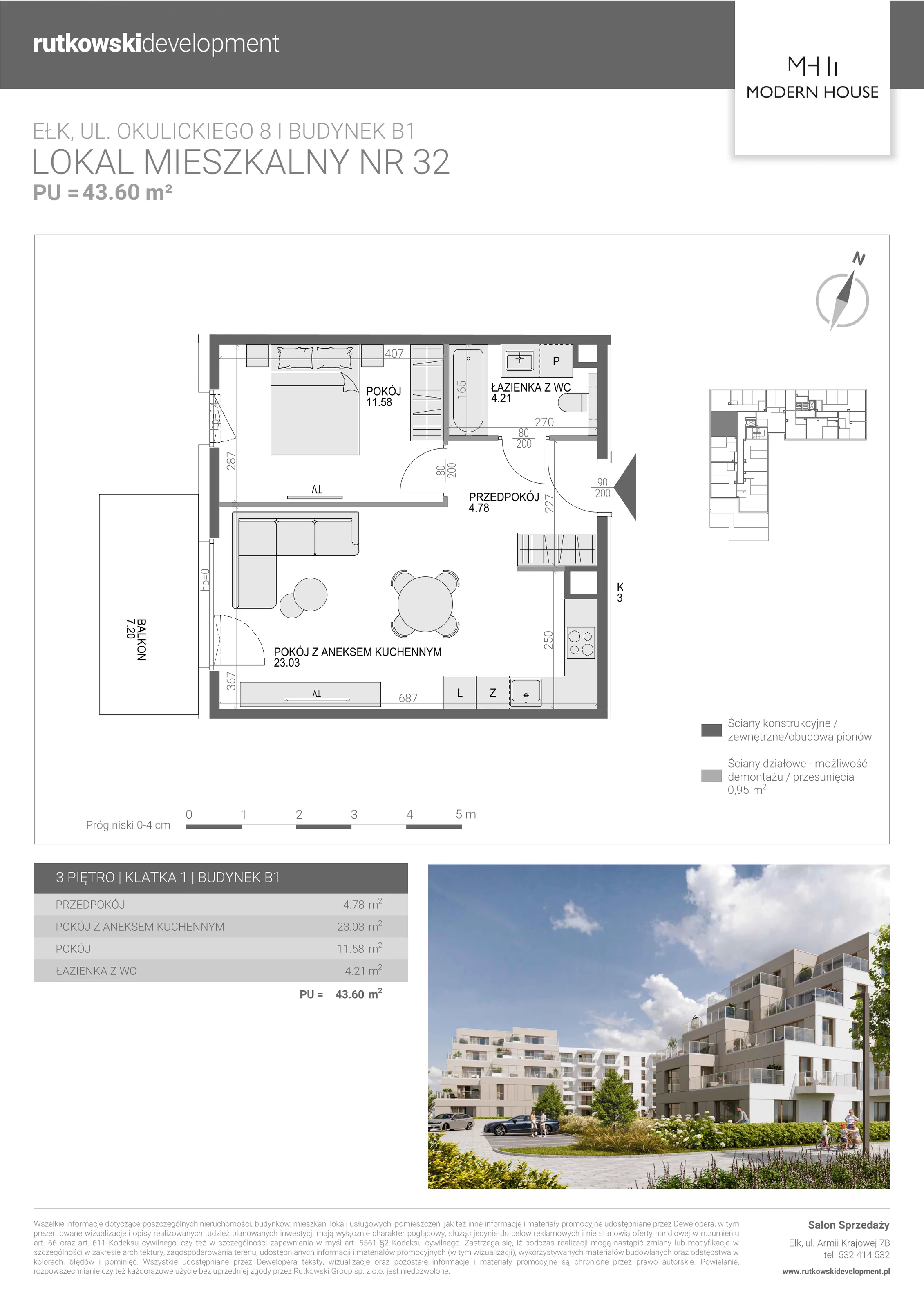 2 pokoje, mieszkanie 43,43 m², piętro 3, oferta nr M-32, Modern House 2, Ełk, Konieczki, ul. Gen. Leopolda Okulickiego 8