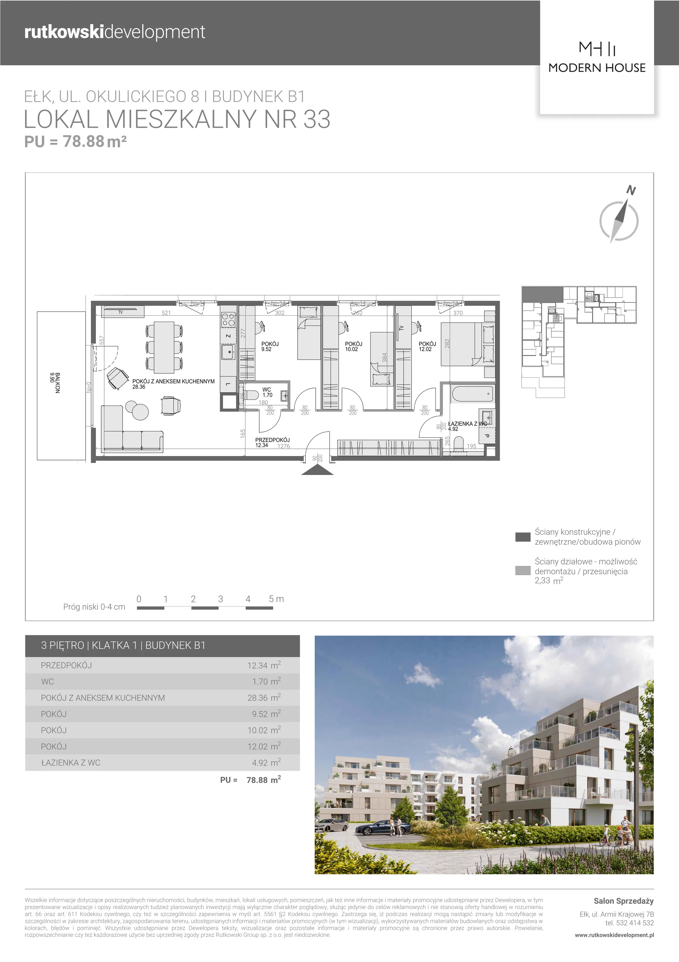 4 pokoje, mieszkanie 78,58 m², piętro 3, oferta nr M-33, Modern House 2, Ełk, Konieczki, ul. Gen. Leopolda Okulickiego 8
