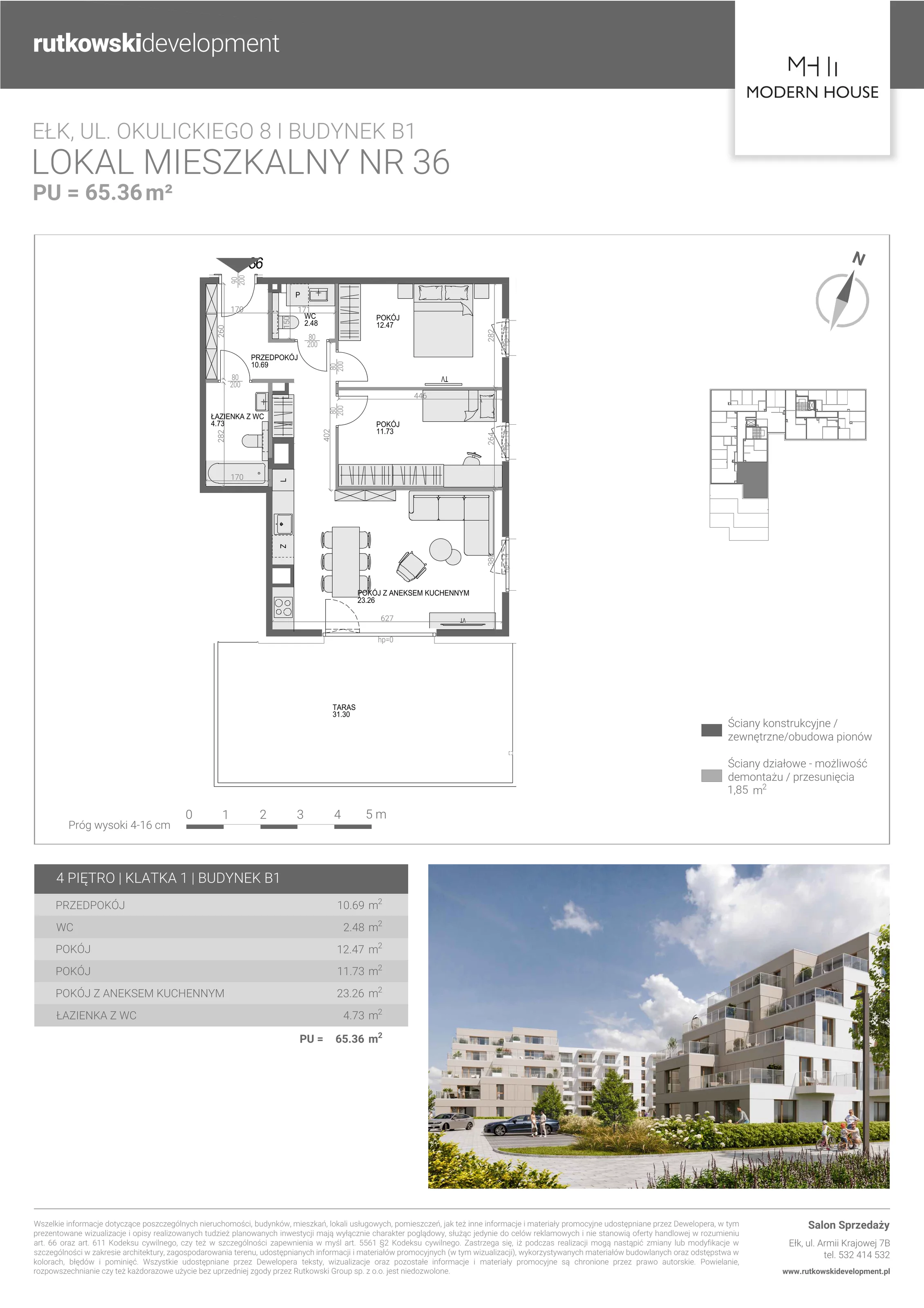 3 pokoje, mieszkanie 65,28 m², piętro 4, oferta nr M-36, Modern House 2, Ełk, Konieczki, ul. Gen. Leopolda Okulickiego 8