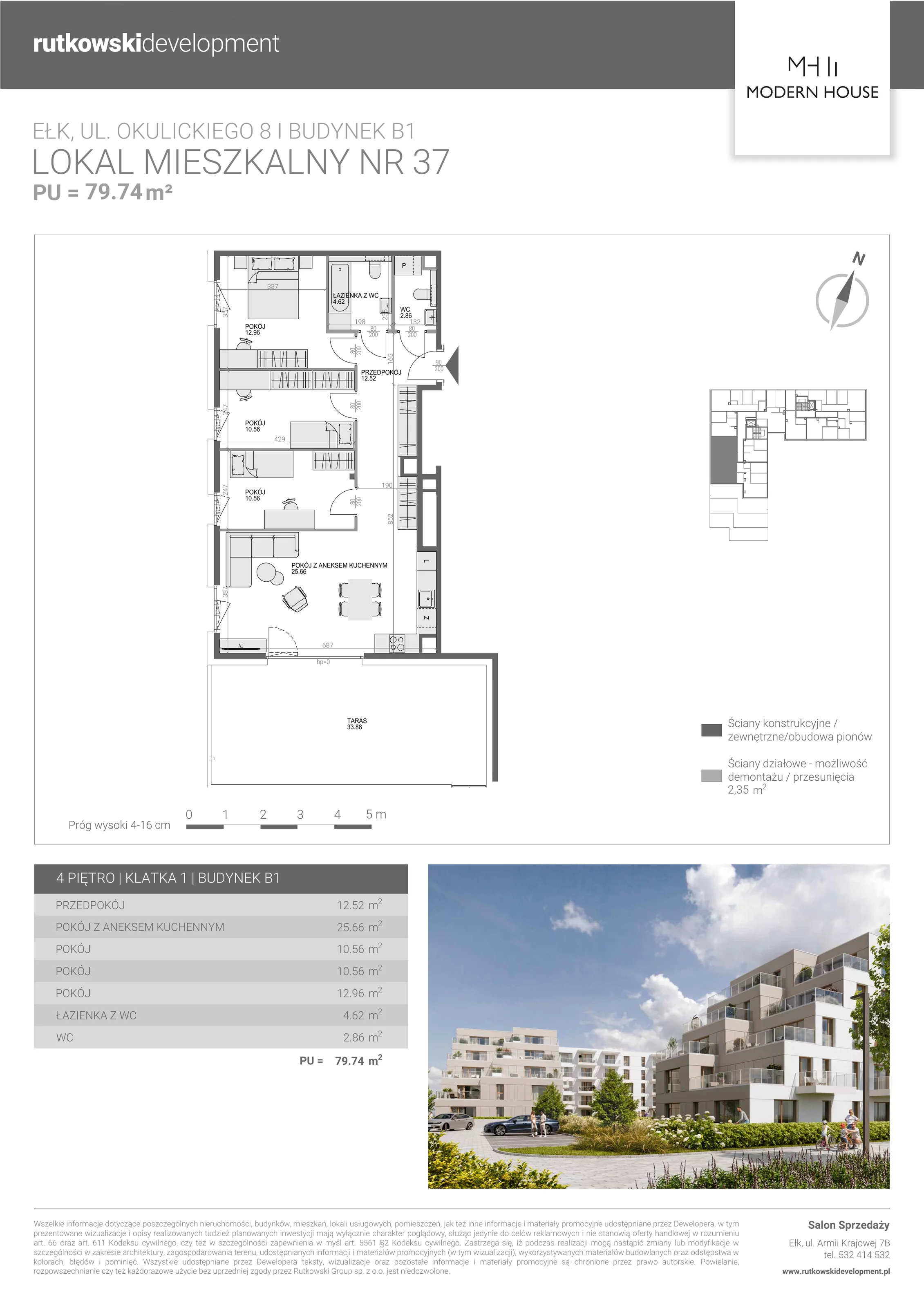 4 pokoje, mieszkanie 78,80 m², piętro 4, oferta nr M-37, Modern House 2, Ełk, Konieczki, ul. Gen. Leopolda Okulickiego 8