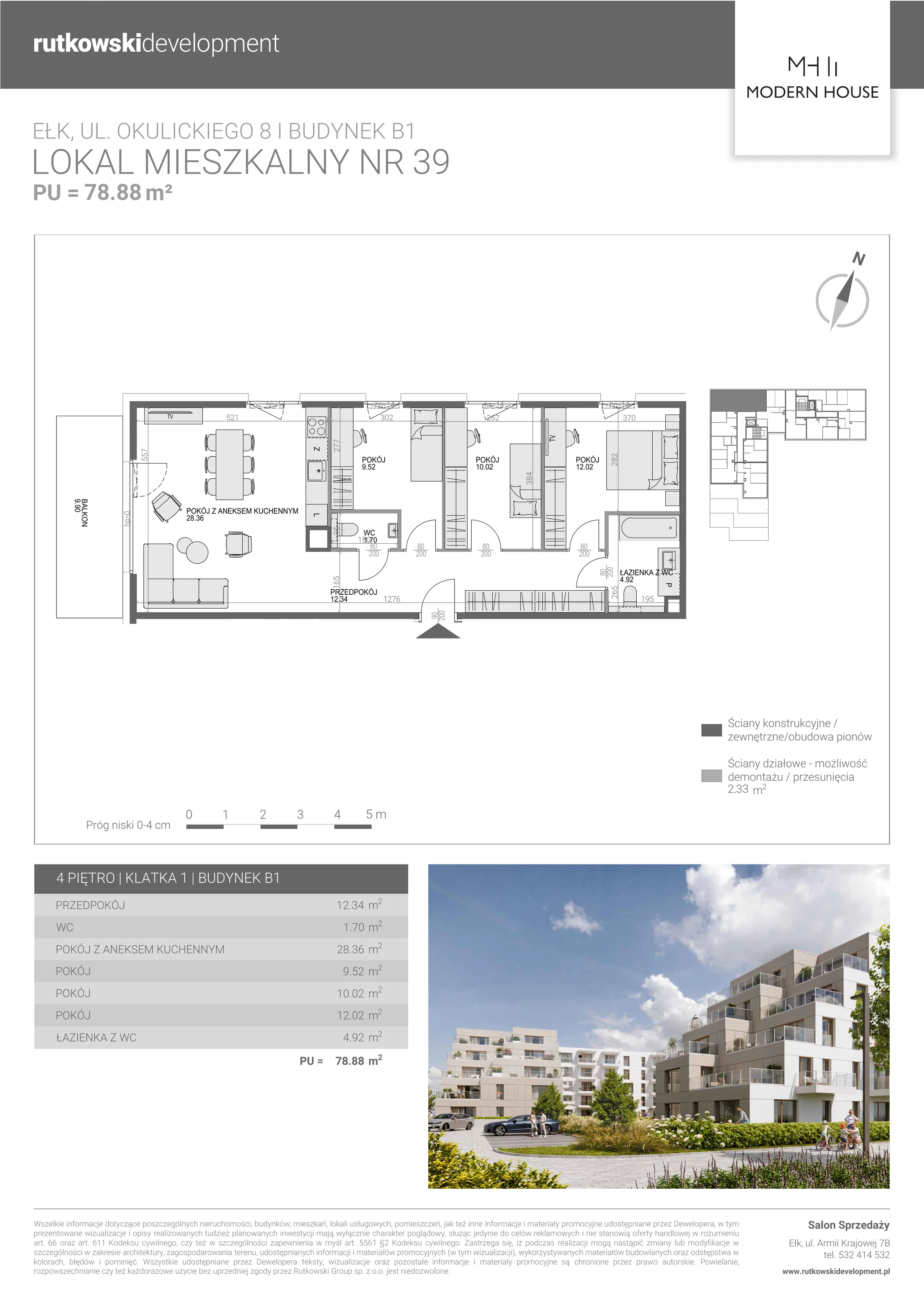 4 pokoje, mieszkanie 78,58 m², piętro 4, oferta nr M-39, Modern House 2, Ełk, Konieczki, ul. Gen. Leopolda Okulickiego 8
