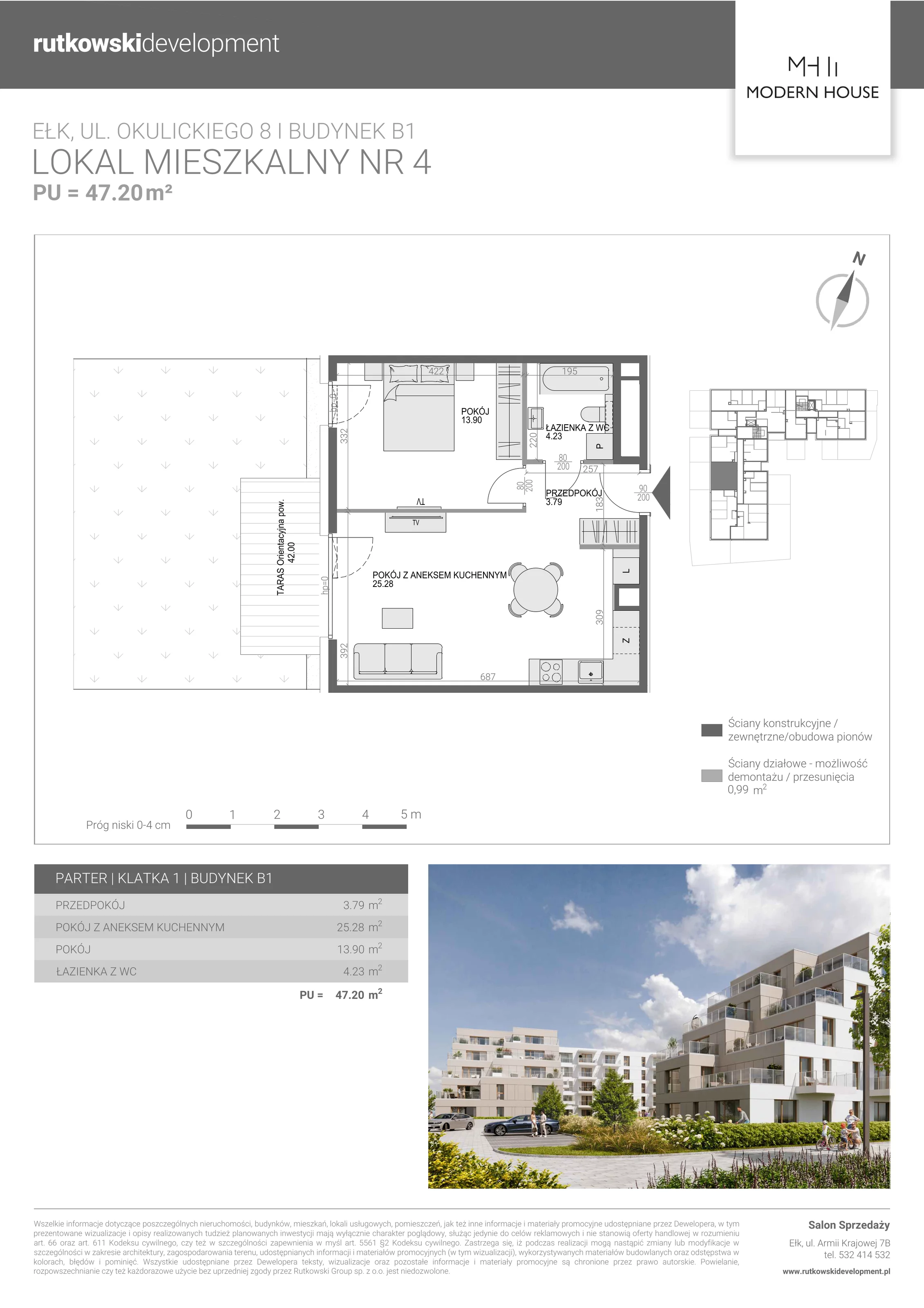 2 pokoje, mieszkanie 47,03 m², parter, oferta nr M-4, Modern House 2, Ełk, Konieczki, ul. Gen. Leopolda Okulickiego 8