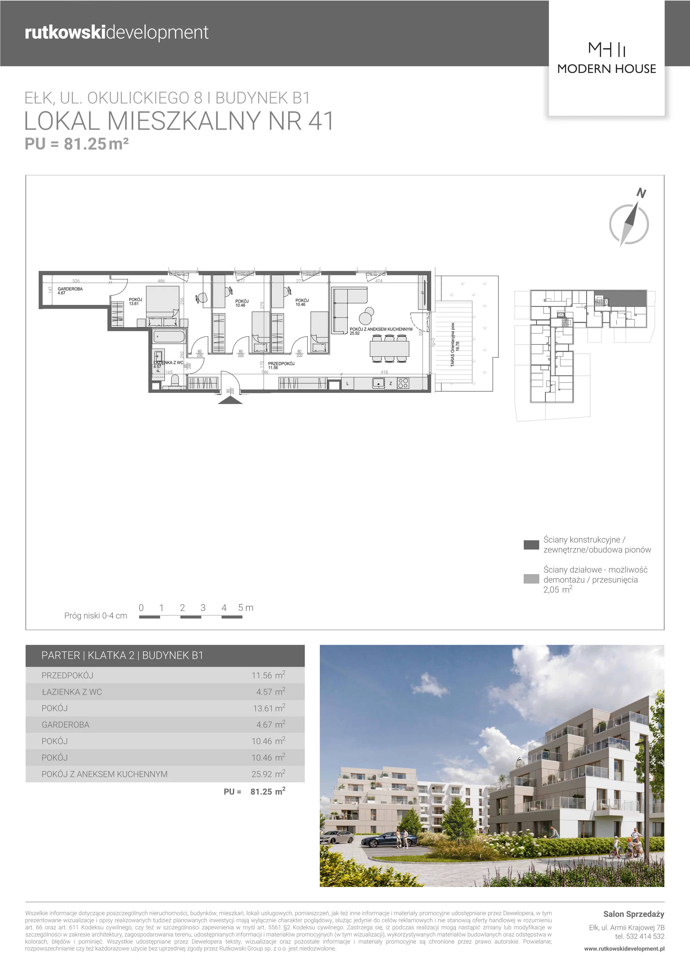 4 pokoje, mieszkanie 80,82 m², parter, oferta nr M-41, Modern House 2, Ełk, Konieczki, ul. Gen. Leopolda Okulickiego 8