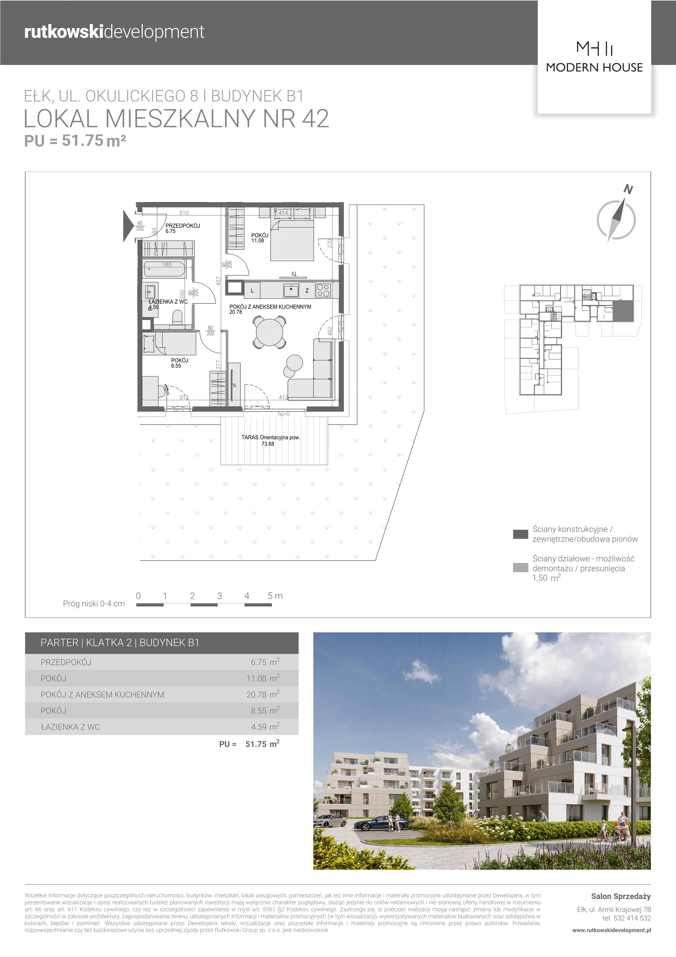 3 pokoje, mieszkanie 51,52 m², parter, oferta nr M-42, Modern House 2, Ełk, Konieczki, ul. Gen. Leopolda Okulickiego 8