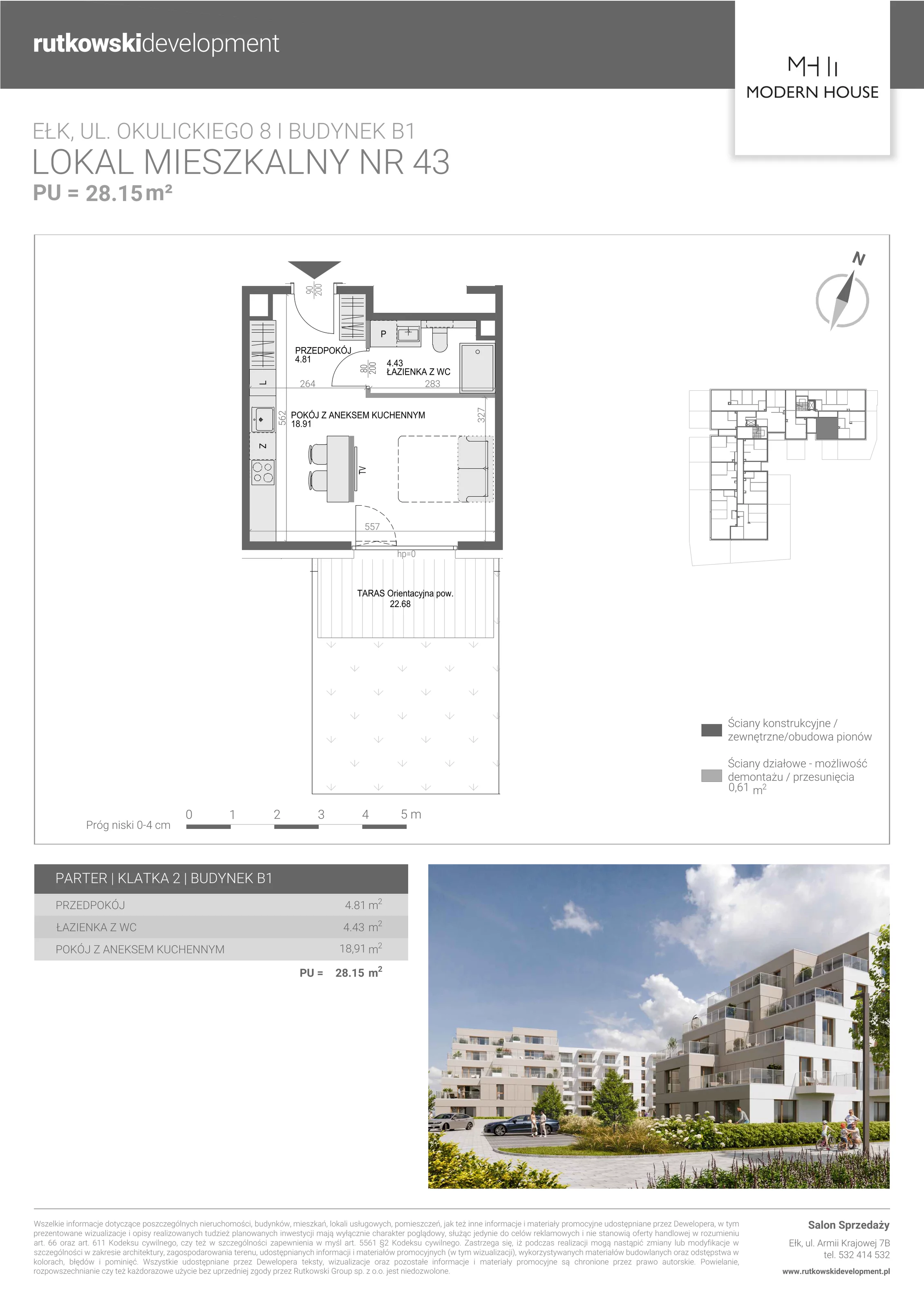 1 pokój, mieszkanie 28,21 m², parter, oferta nr M-43, Modern House 2, Ełk, Konieczki, ul. Gen. Leopolda Okulickiego 8