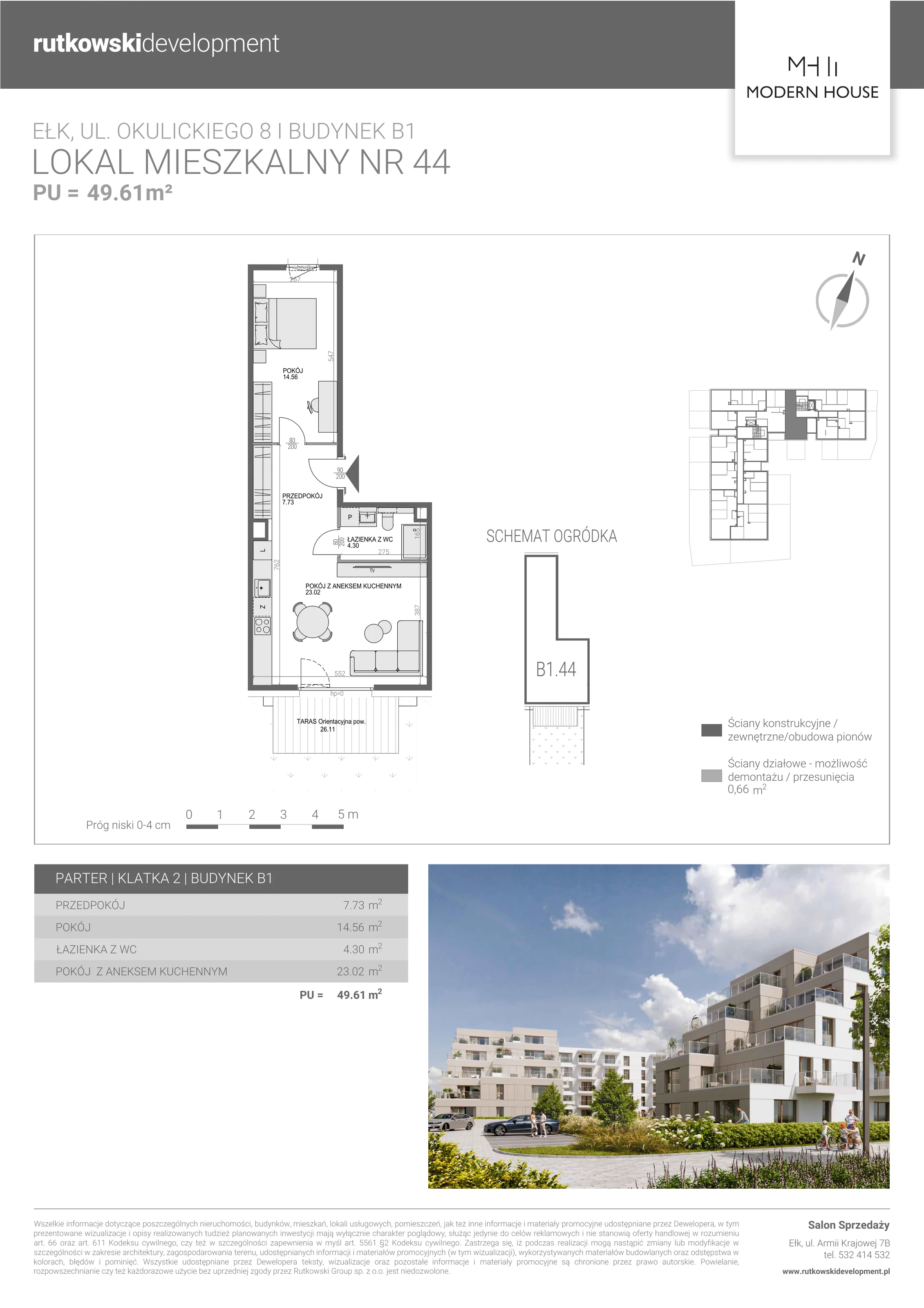 2 pokoje, mieszkanie 49,46 m², parter, oferta nr M-44, Modern House 2, Ełk, Konieczki, ul. Gen. Leopolda Okulickiego 8