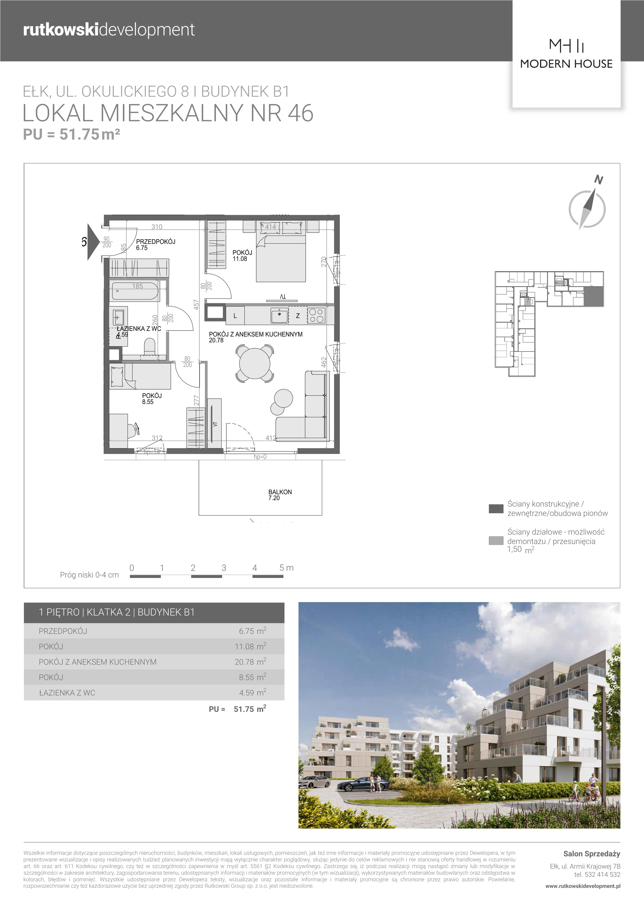 3 pokoje, mieszkanie 51,52 m², piętro 1, oferta nr M-46, Modern House 2, Ełk, Konieczki, ul. Gen. Leopolda Okulickiego 8