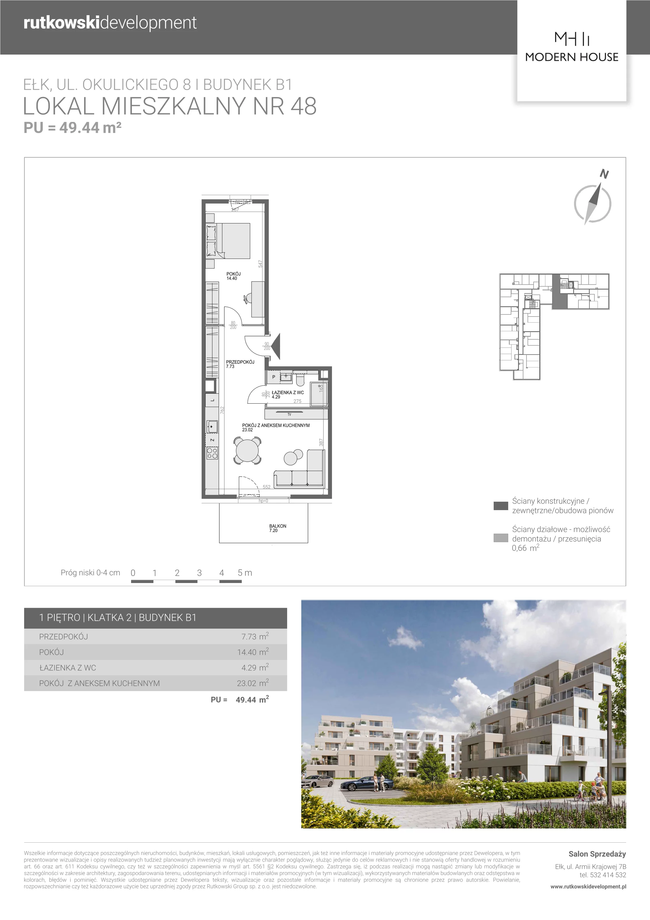 2 pokoje, mieszkanie 49,30 m², piętro 1, oferta nr M-48, Modern House 2, Ełk, Konieczki, ul. Gen. Leopolda Okulickiego 8