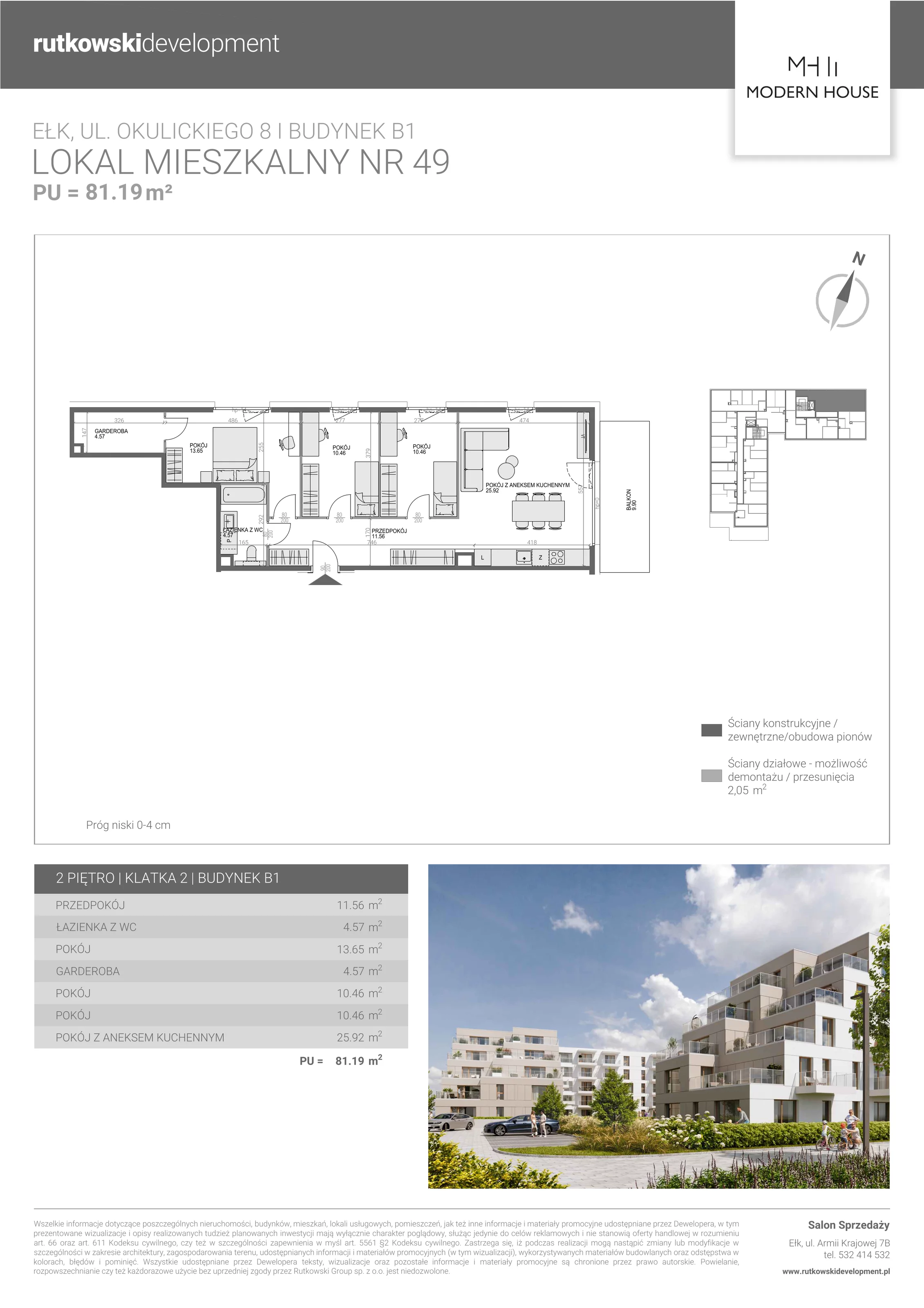 4 pokoje, mieszkanie 80,72 m², piętro 2, oferta nr M-49, Modern House 2, Ełk, Konieczki, ul. Gen. Leopolda Okulickiego 8