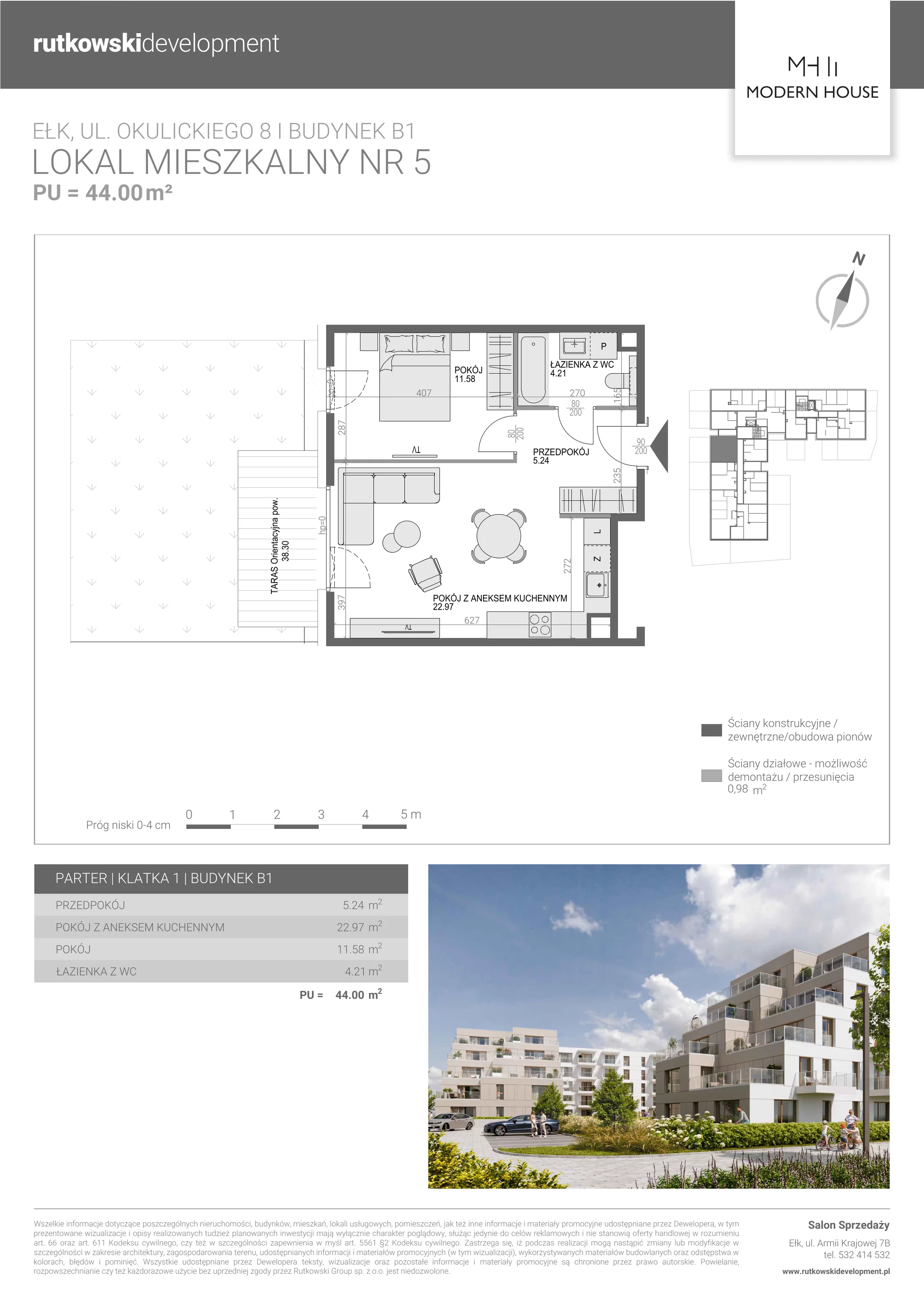 2 pokoje, mieszkanie 43,84 m², parter, oferta nr M-5, Modern House 2, Ełk, Konieczki, ul. Gen. Leopolda Okulickiego 8