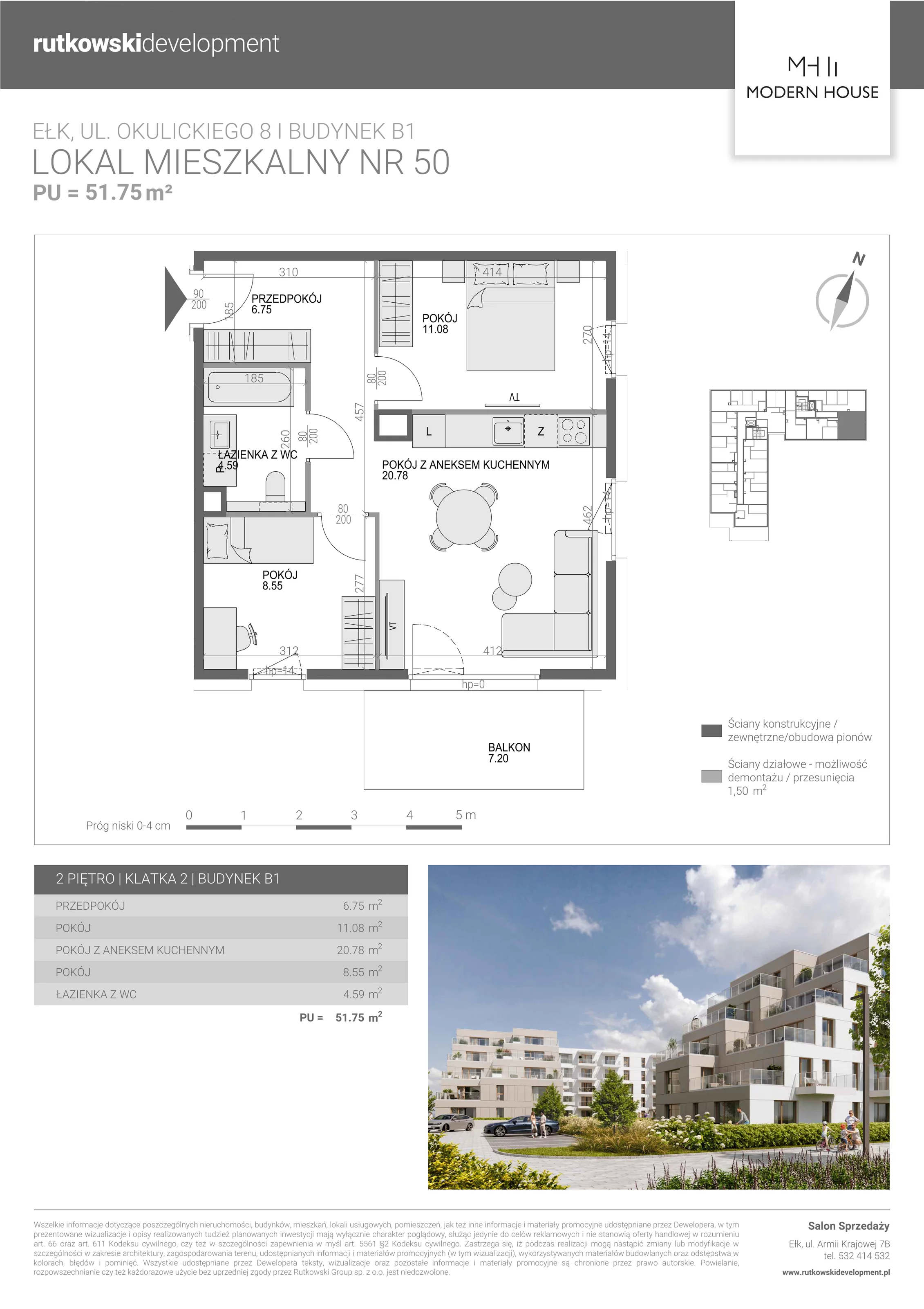 3 pokoje, mieszkanie 51,52 m², piętro 2, oferta nr M-50, Modern House 2, Ełk, Konieczki, ul. Gen. Leopolda Okulickiego 8