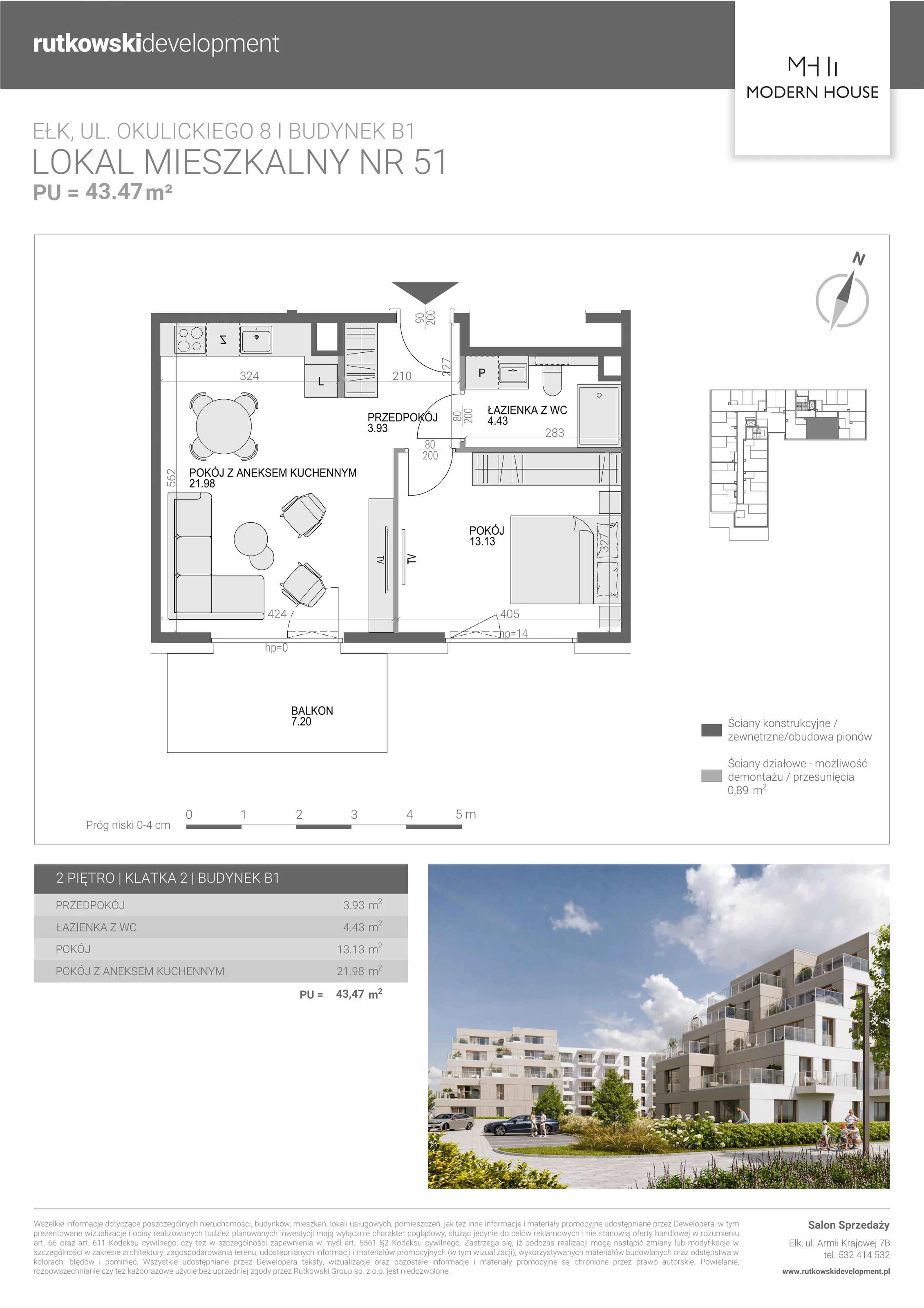 2 pokoje, mieszkanie 43,27 m², piętro 2, oferta nr M-51, Modern House 2, Ełk, Konieczki, ul. Gen. Leopolda Okulickiego 8