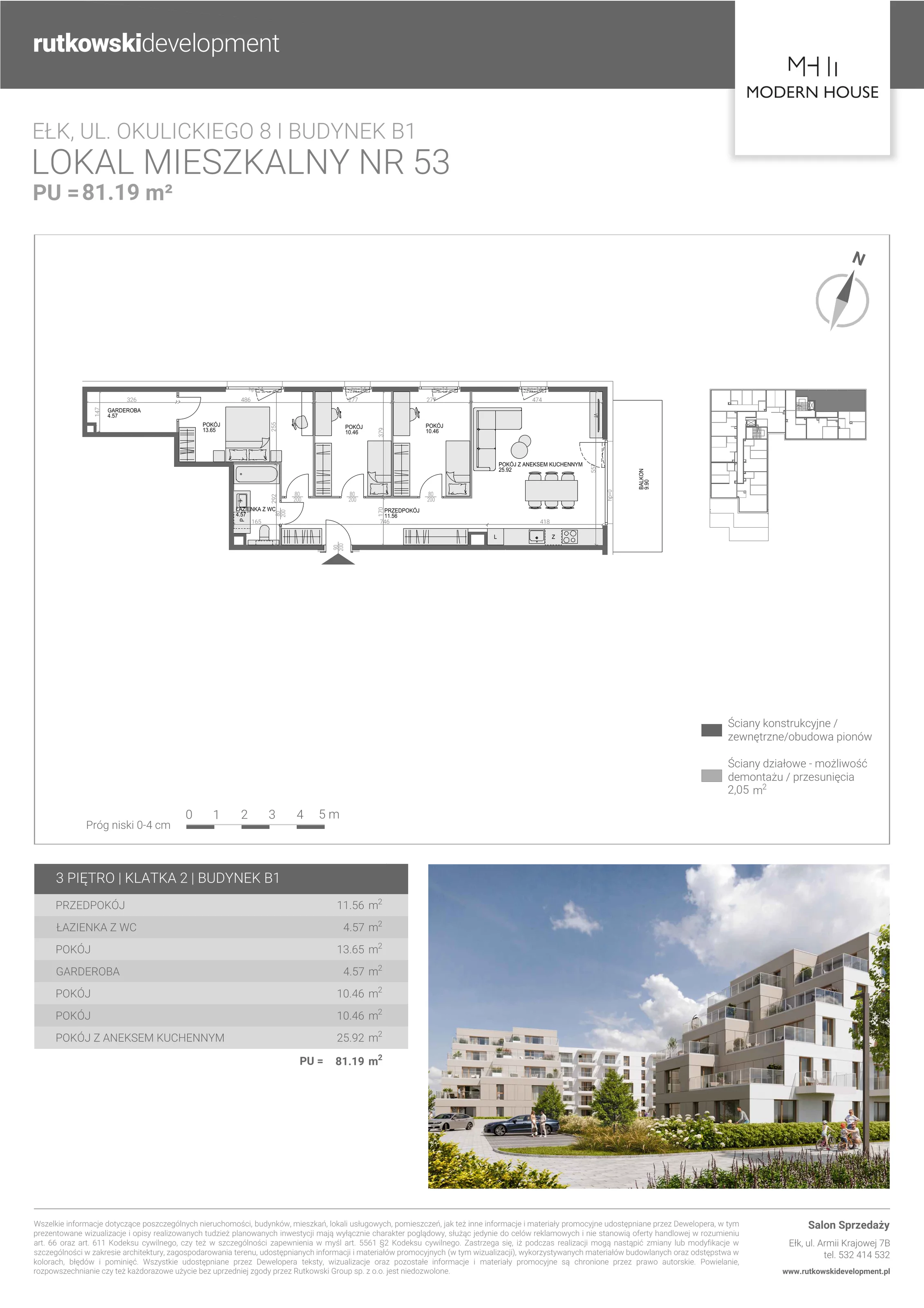 4 pokoje, mieszkanie 80,72 m², piętro 3, oferta nr M-53, Modern House 2, Ełk, Konieczki, ul. Gen. Leopolda Okulickiego 8
