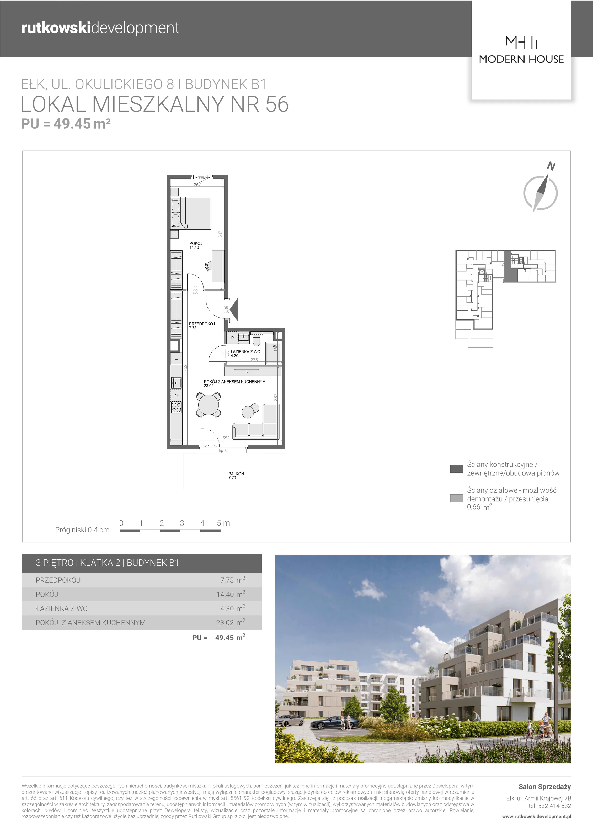 2 pokoje, mieszkanie 49,30 m², piętro 3, oferta nr M-56, Modern House 2, Ełk, Konieczki, ul. Gen. Leopolda Okulickiego 8